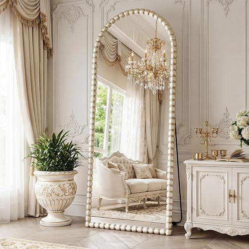 FlyEcho Antique Silver Full Length Mirror 71x28 in, Beaded Standing Mirror | Vintage Arched Large Floor Mirror with Stand Wall Mounted Mirror Decorative for Bedroom Living Room Cloakroom, PU Frame