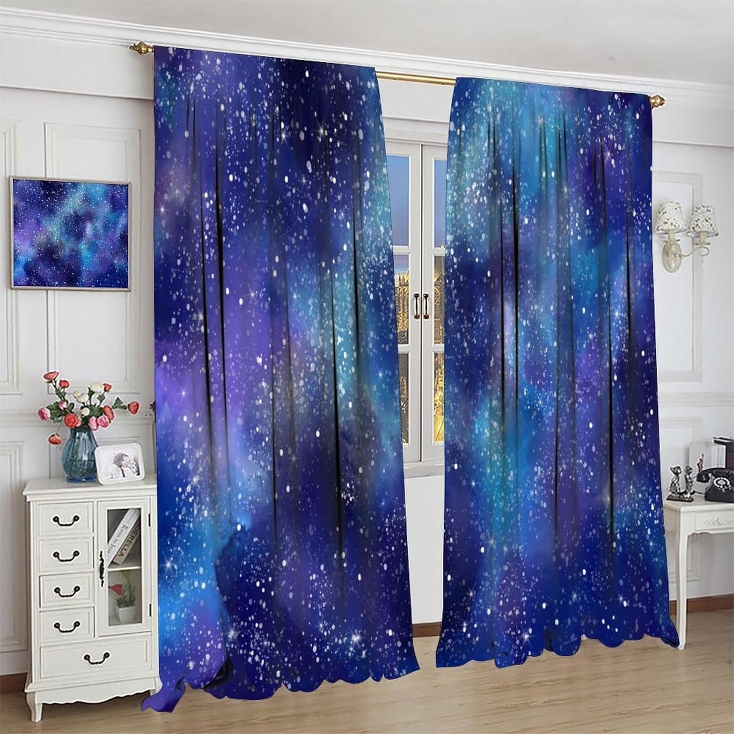 Galaxy Curtains,Celestial Outer Space Blue Purple Nebula Universe Starry Stars Pattern Blackout Rod Pocket Window Drapes for Bedroom Living Room Kitchen 63x72 Inch