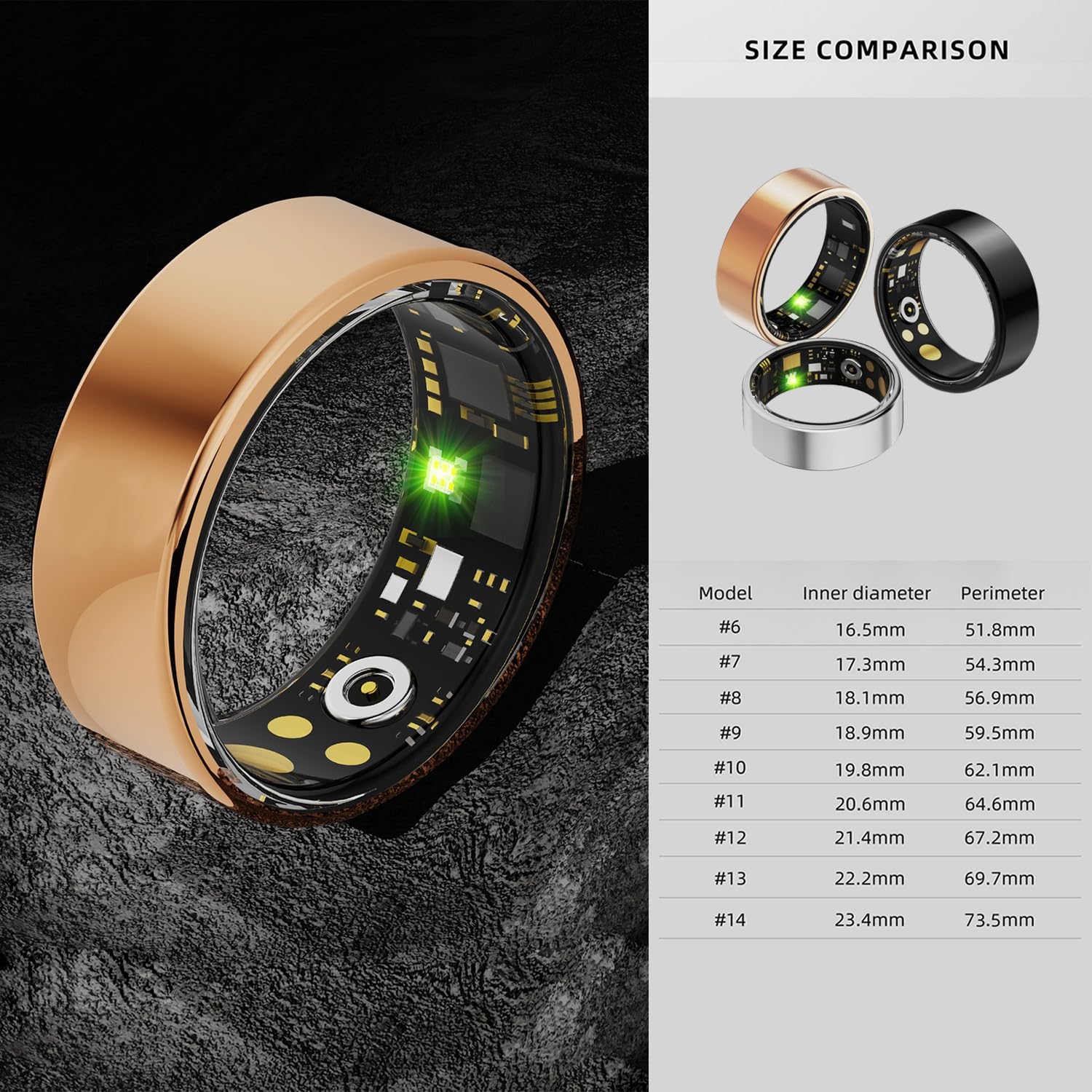 Bague intelligente pour homme et femme avec fréquence cardiaque, oxygène dans le sang, pression artérielle, surveillance du sommeil, comptage des pas, étanchéité IP68 pour iPhone et Android