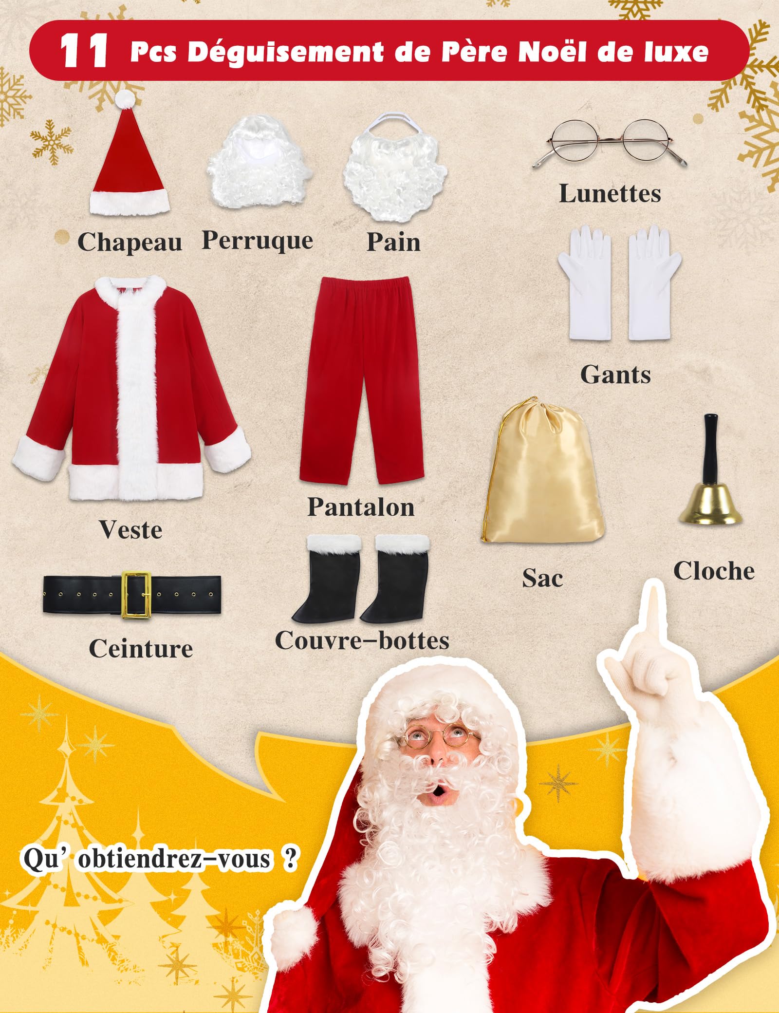 Costume de Père Noël pour Hommes Adulte 11 Pcs Deluxe Velours Costume Tenue Noël Père Deguisement Noël Vacances Party Cosplay