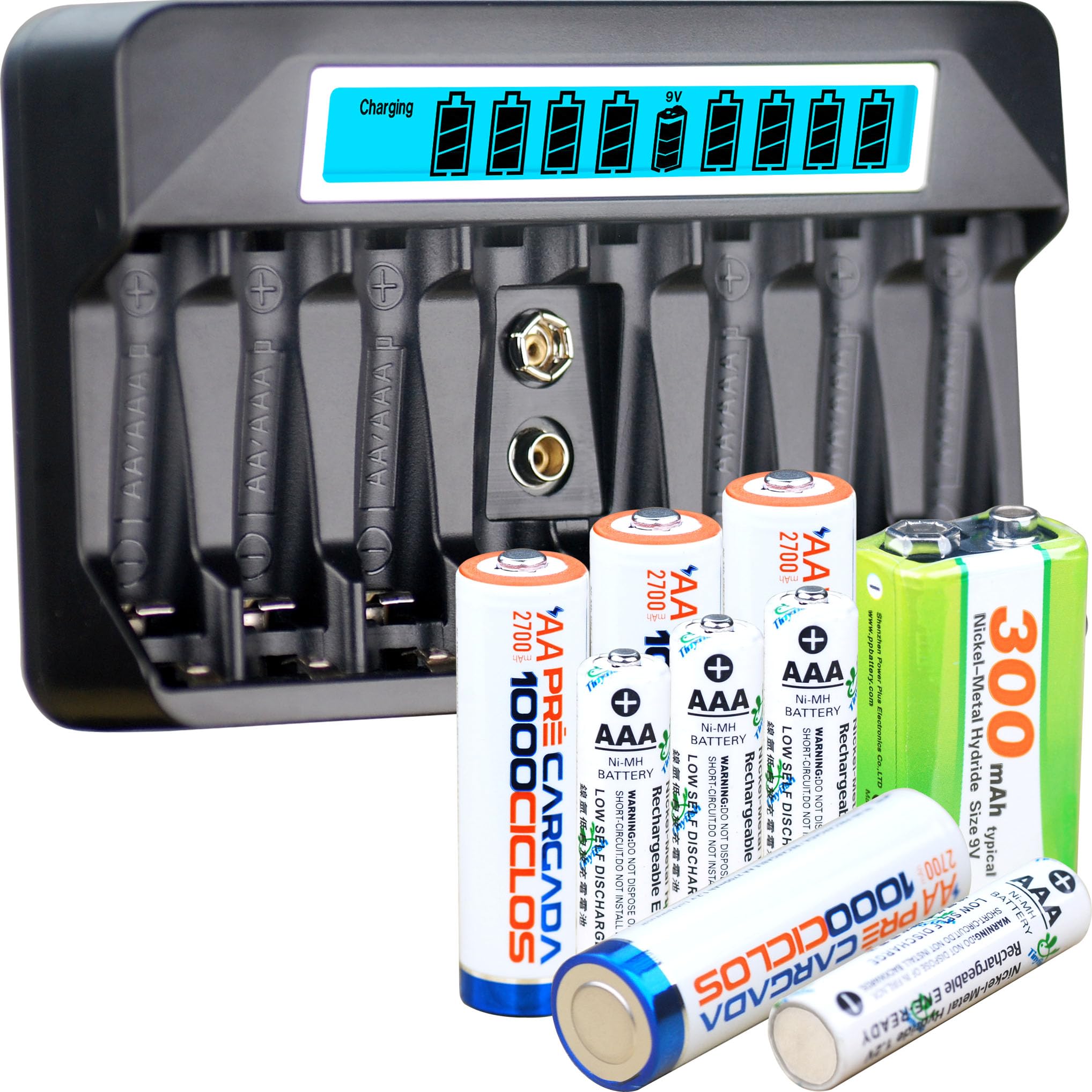 Chargeur de batterie AA AAA 9 V NiMH, 9 emplacements, chargeur rapide indépendant de 500 mA, charge par impulsion de 500 mA, écran LCD large, entrée USB-C 5 V (1 chargeur + 4 AA + 4 AAA + 1 x 9 V)