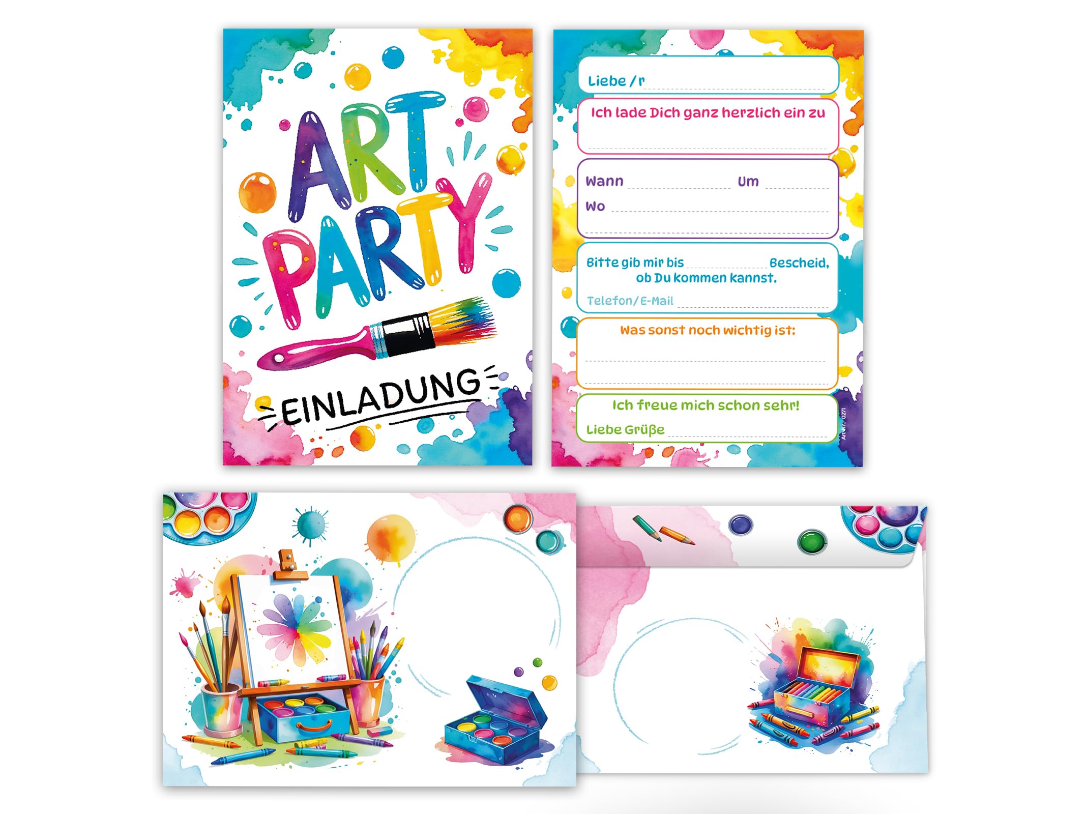 Junaversum 12 Einladungskarten inkl. 12 Umschläge zum Kindergeburtstag Art Kreativ-Party Malparty Kunst Basteln DIY Künstlerparty Mädchen Kinder Einladungen Geburtstag Geburtstagseinladungen Kids