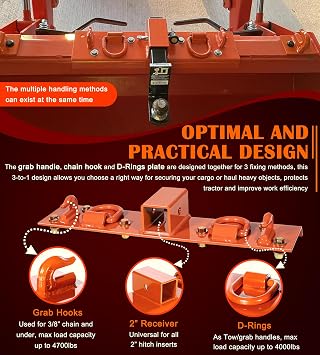 Bonbo Tractor Grab Hooks Compatible with Kubota Tractors - Bolted on Compact Tractor Bucket Grab Hooks with D Rings and 2 Receiver, Orange