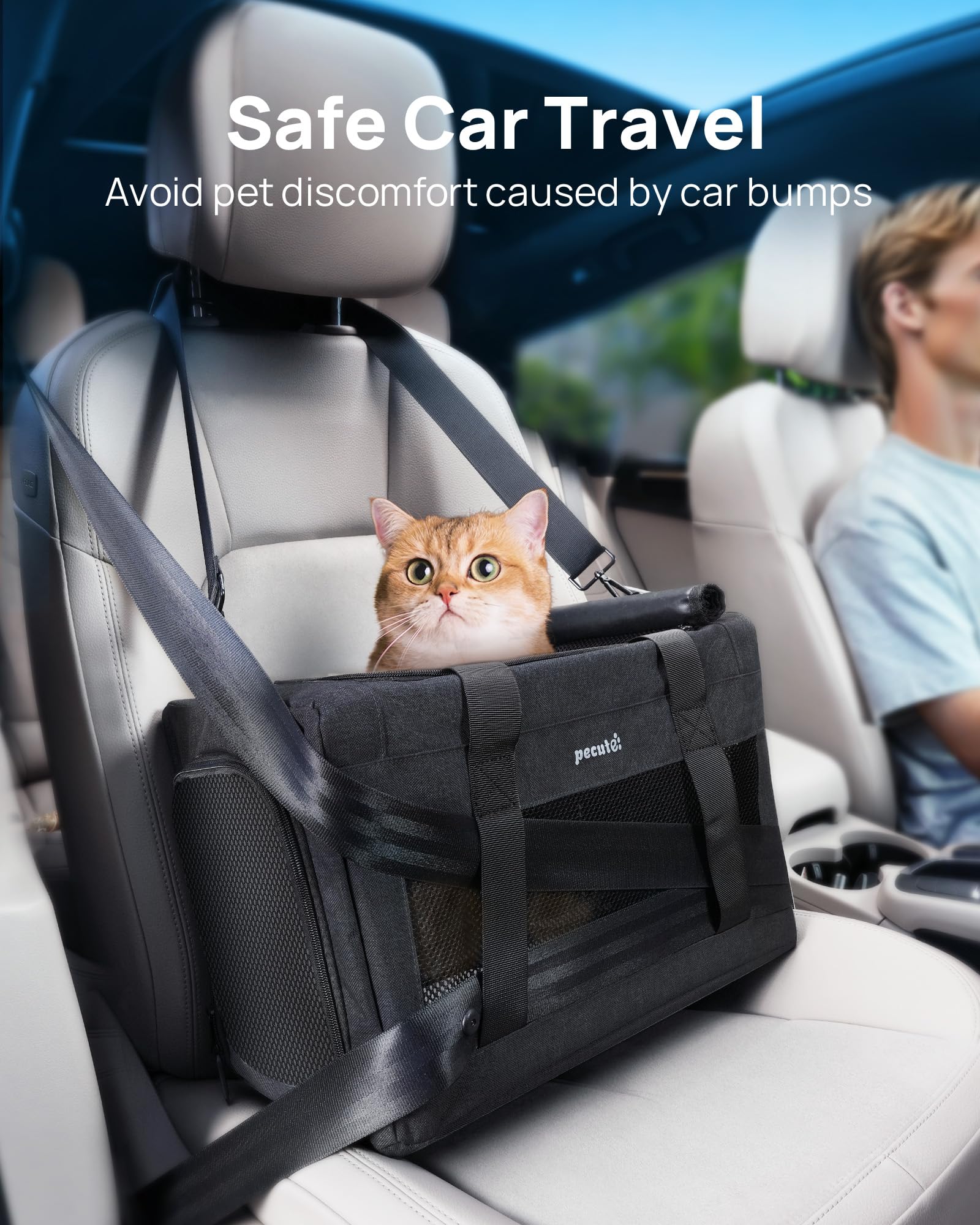 pecute Katzentasche Transporttasche Stabiler, Hundetransporttasche Halt Haustier Tragetasche,Katzentragetasche Leicht, Belüftete Katzentransportbox für Reisen,Auto,Tierarzt, bis 4 kg,Dunkelgrau