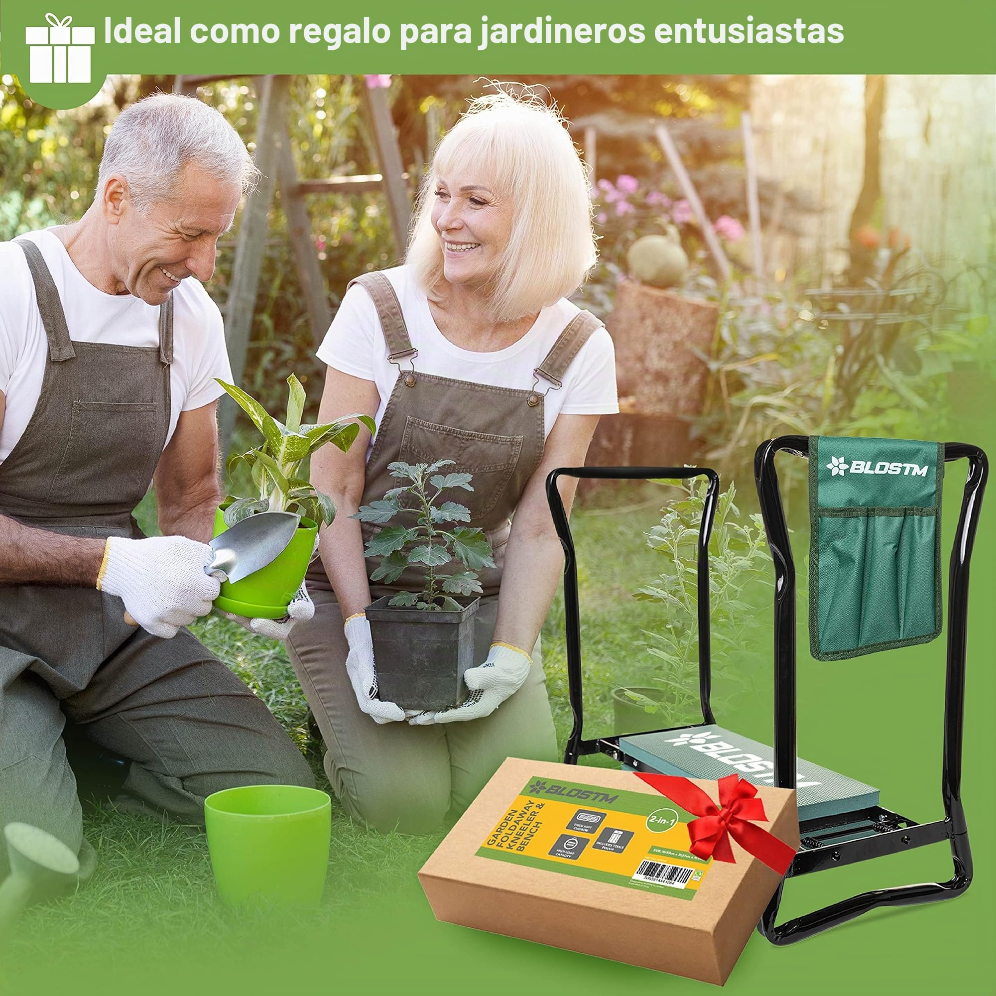 BLOSTM Rodillera y Asiento de jardín 2 en 1, Plegable, Almohadilla de jardín portátil y Taburete de jardín con Asas, cojín Grueso de Espuma Suave, Alta Capacidad de Carga (hasta 150kg)