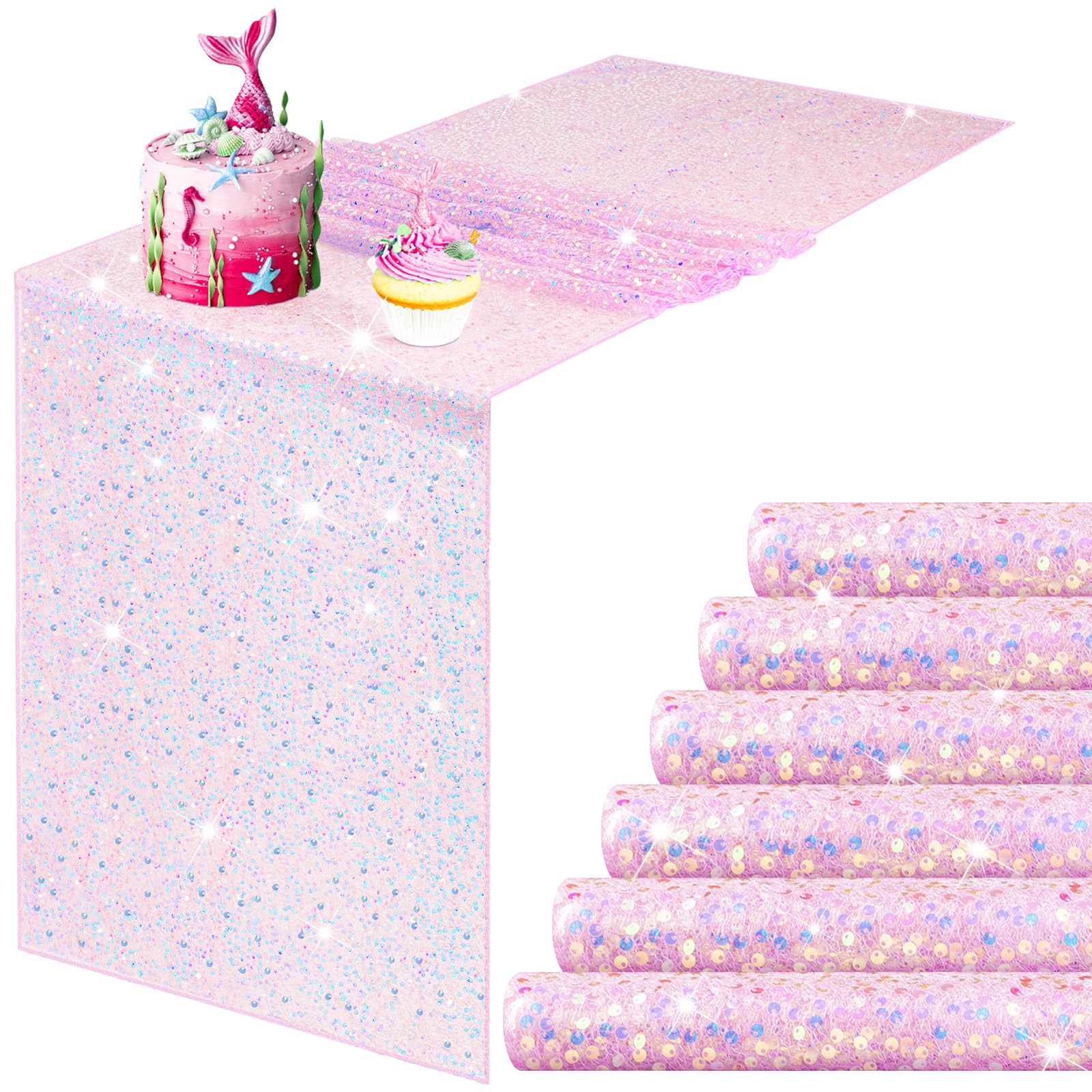 Remagr 6 Pcs Iridescent Pink Sequin Table Runner 12 x 72 Inch Mermaid Table Runner Glitter Sequin Sparkly Desk Cover for Wedding Birthday Party Ceremony Supplies Decor