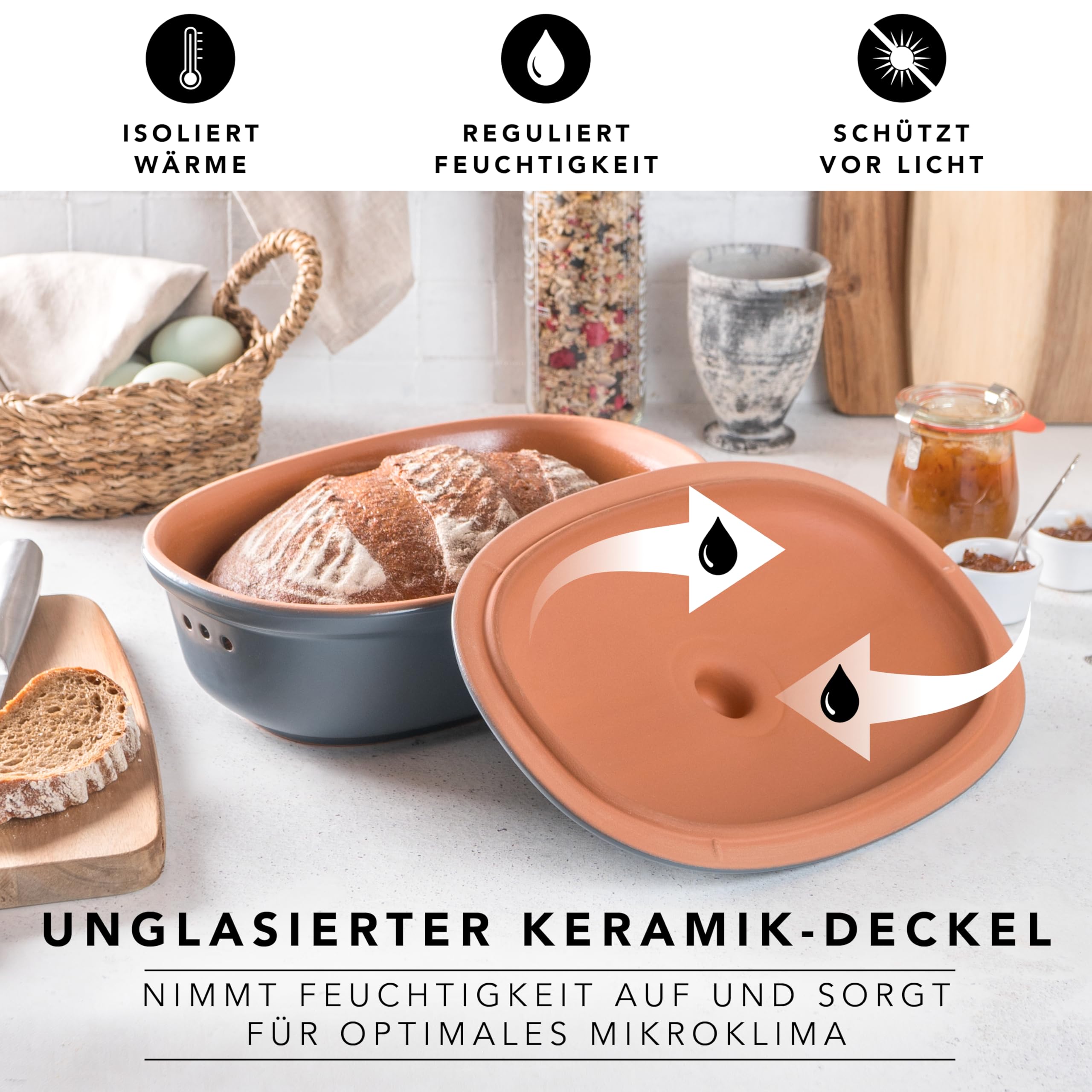 Römertopf Naturalny ceramiczny garnek do chleba, idealny do przechowywania chleba i ciastek 30x21x14,5 cm niebiesko-szary