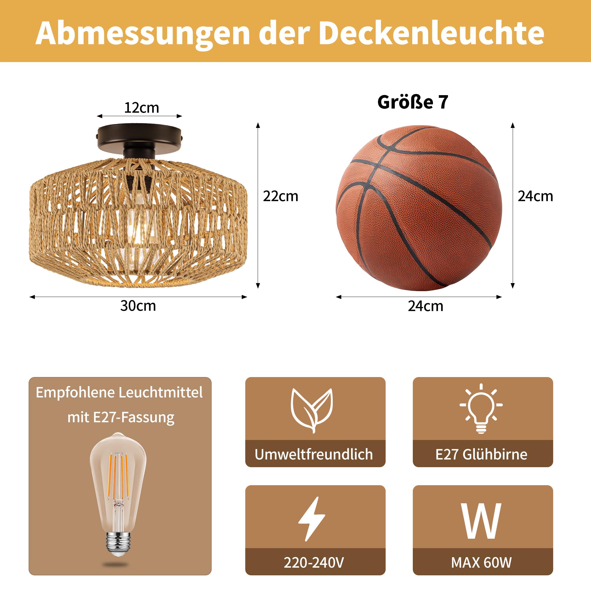 Boho Deckenleuchte Laternenform Ø30 cm Rattan Optik Metall, 800 Lumen Warmweiß (2700K), Vintage Deckenlampe für Flur Wohnzimmer Schlafzimmer, E27 Fassung inkl. 8W LED [Energieklasse E]