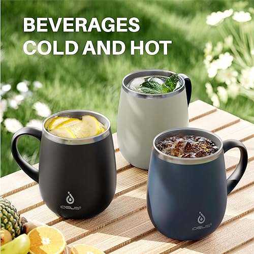 Miniatura 9 de Ideus 16 oz (470 ml) Taza de café aislada con asa y tapa, taza de café térmica de acero inoxidable de doble pared con aislamiento al vacío, taza de