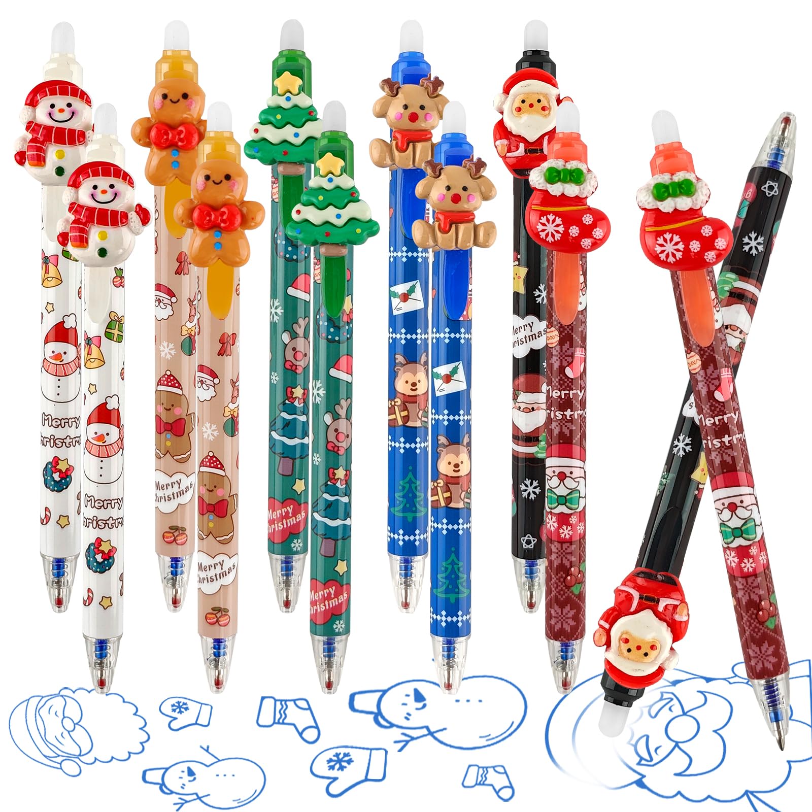 Set di penne natalizie - 12 penne gel cancellabili con motivo di animali, inchiostro blu, perfette per regali, scuola e ufficio