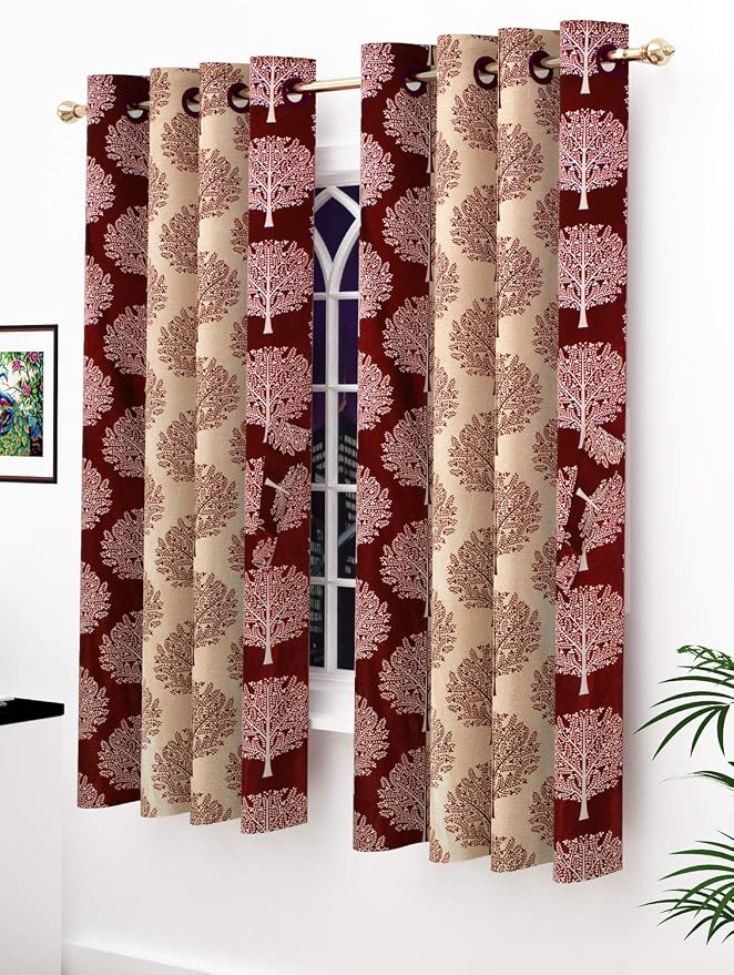 Story@Home Modern Polyester Floral Pattern Eyelet Combo of 6 Piece Printed Ringtop Window Curtain Set for Drawing Room, Bedroom and Hall - 5 Ft, Maroon & Cream