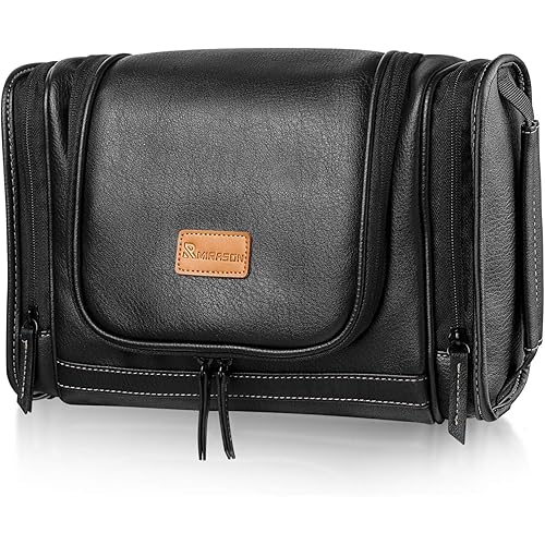 MIRASON Travel Toiletry Bag, Hanging Toiletry Bag for Men, Leather Travel Shower Bag for Toiletries Dopp Kit Bathroom Bag with Metal Hook Gift for Men (Black)