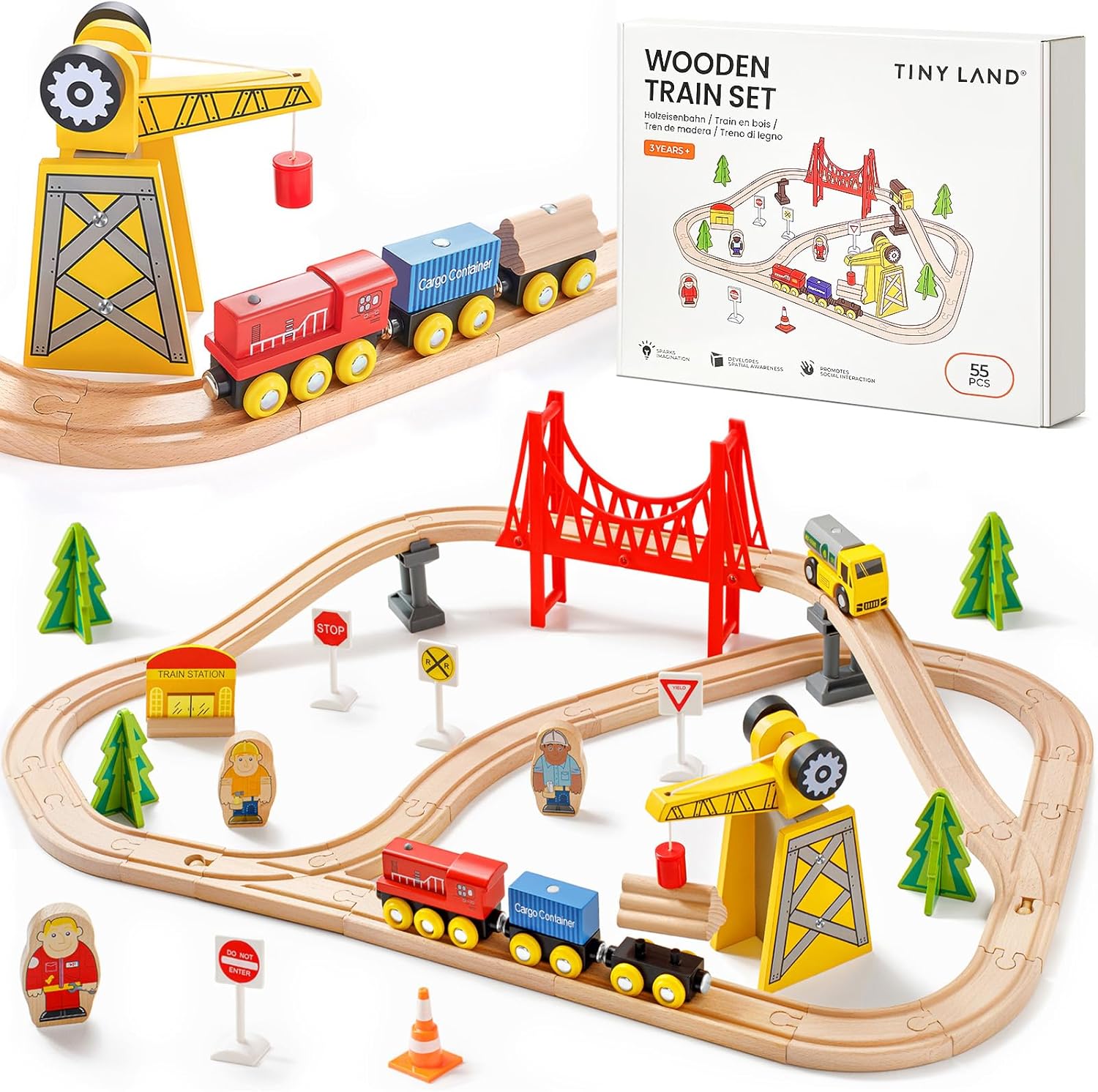 tiny land 55pcs wooden train set - compatible with major brand tracks, educational toy for toddlers & kids ages 3-7, durable wooden railway tracks 55pcs train set
