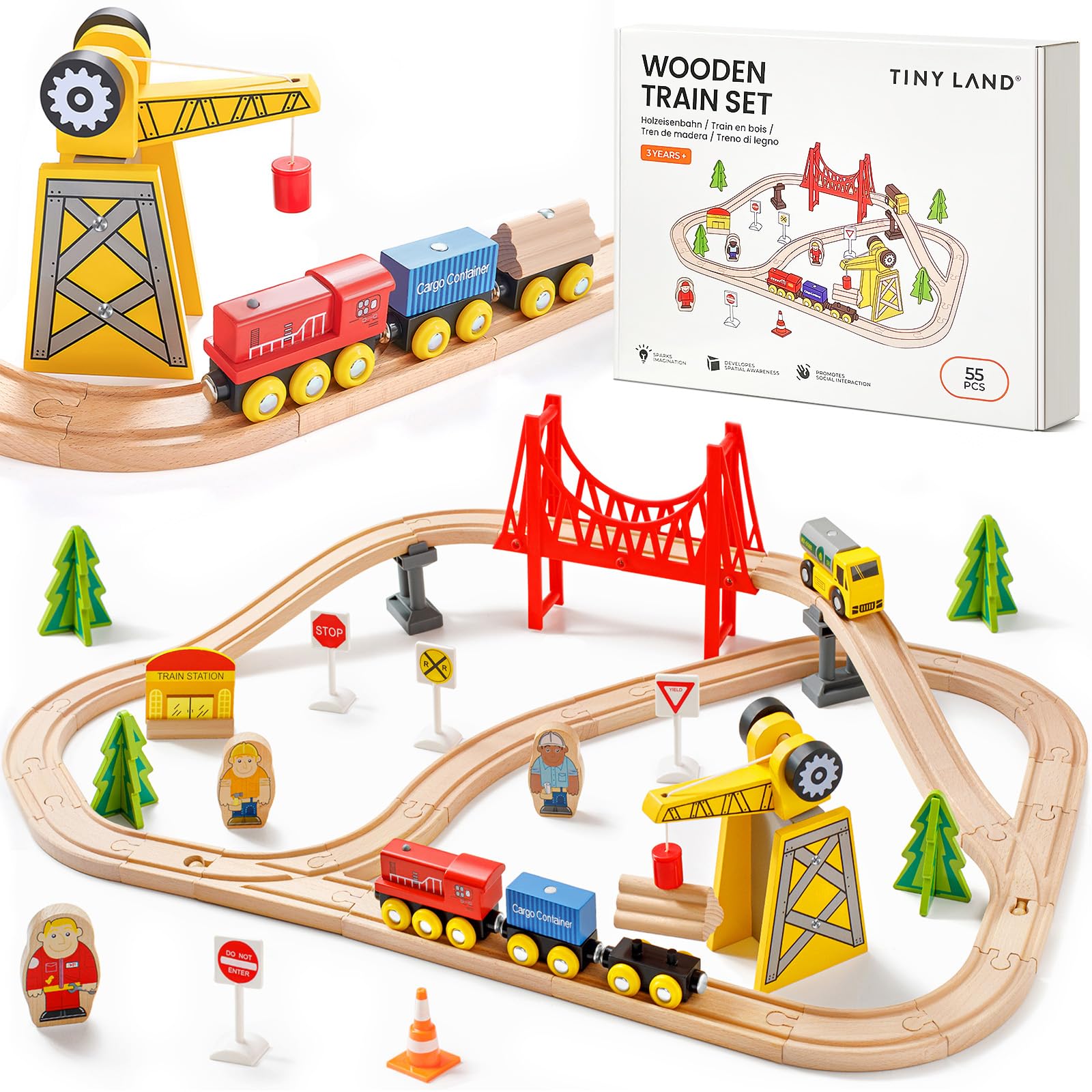 Tiny Land 55PCS Wooden Train Set - Compatible with Major Brand Tracks, Educational Toy for Toddlers & Kids Ages 3-7, Durable Wooden Railway Tracks