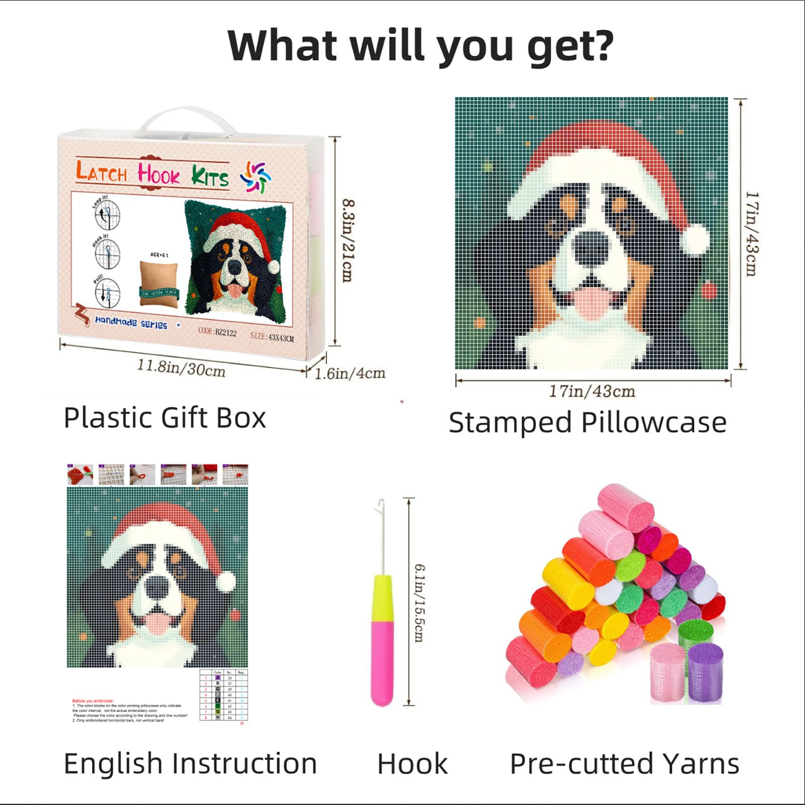 Latch Hook Pillow Kits for Adults Merry Christmas Bernese Mountain Dog DIY Pillow Cover Printed Pillowcase Crochet Yarns Hooking Handmade Cushion for Home Sofa Decoration 17x17inch(1)