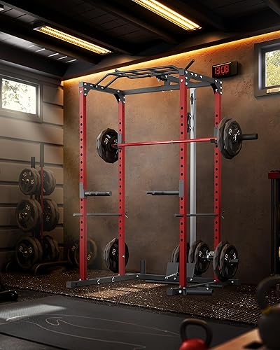 Miniatura 6 de GarveeLife Jaula de potencia, estantes de potencia para gimnasio en casa con sistema de polea, capacidad de peso de 1200 libras, estante