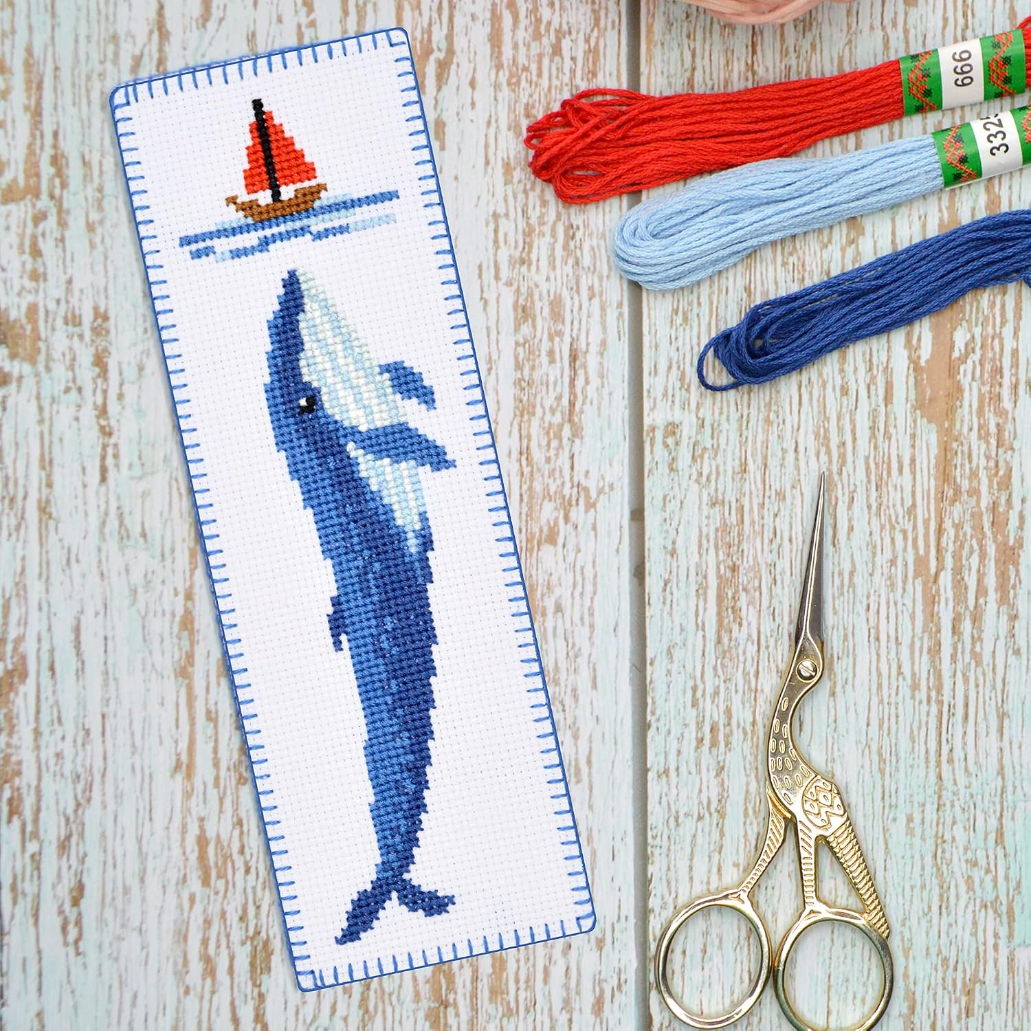 Povitrulya Blue Whale - Embroidery Set for DIY Bookmark - Counted Cross Stitch Kit with Paper Pattern, 16 Count Aida Canvas and Pre-Sorted Floss