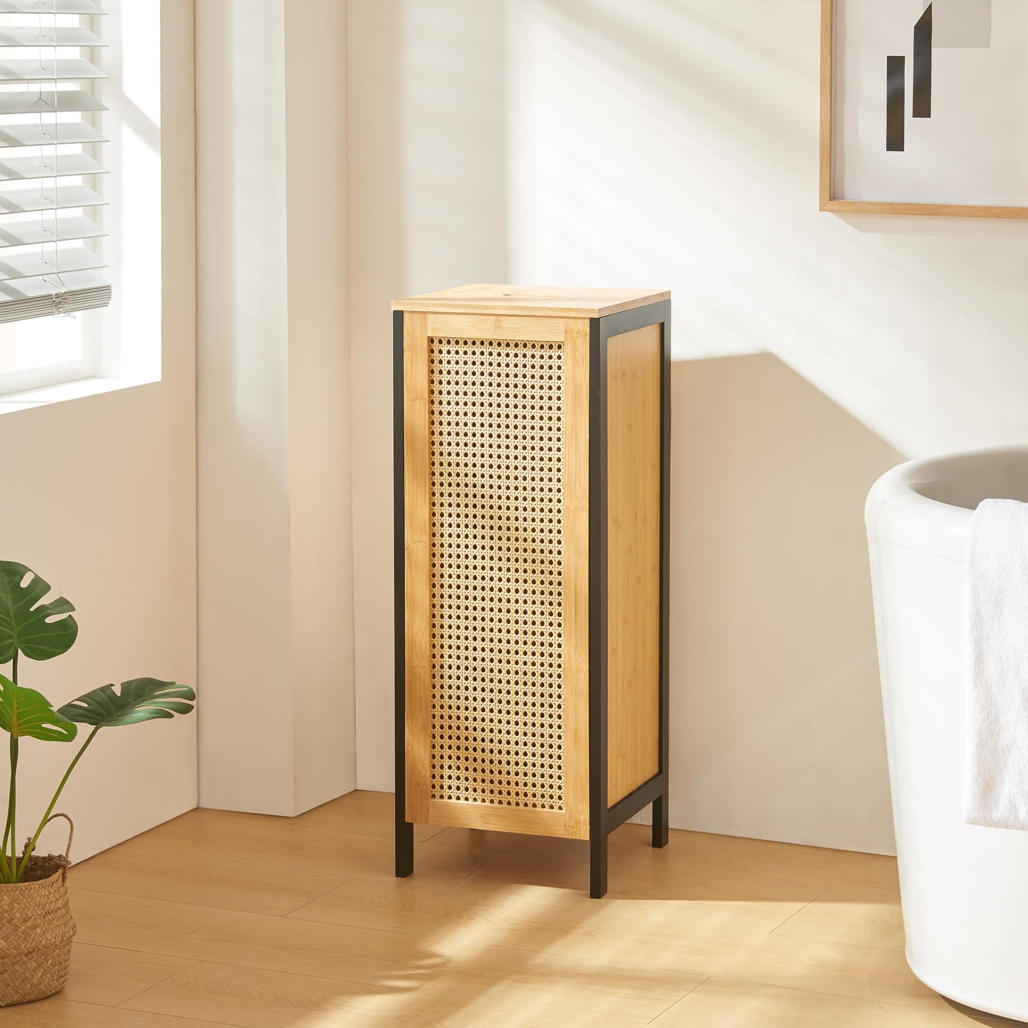 [en.casa] Mobile Portabiancheria con Coperchio Rimovibile Cesto in bambù per Bucato con Capienza 51 L Contenitore Rettangolare a Colonna 80 x 30 x 30 cm