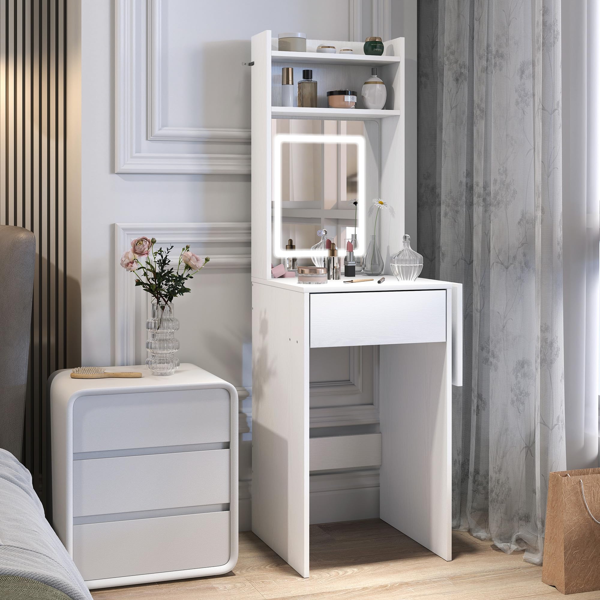 HOMCOM Tocador de Maquillaje con Luces LED de Color Ajustable en 3 Tonos y Espejo Tocador Pequeño Moderno con Lateral Abatible Cajón Compartimentos Abiertos para Espacios Pequeños Blanco