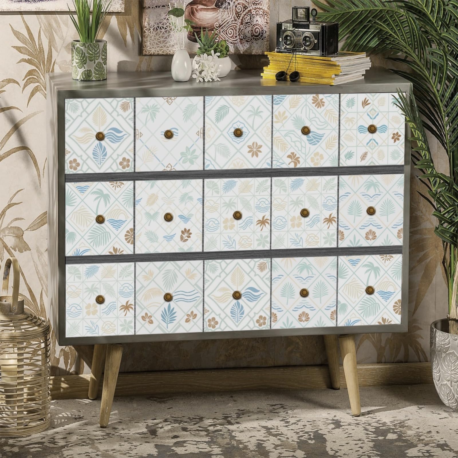 Tile Stickers Tropical Green Brown Stick on Kitchen Tiles Self Adhesive Wall PVC Peel and Covers Transfers Oil-Proof Splashbacks for Walls Removable 20x20cm/48 Pcs
