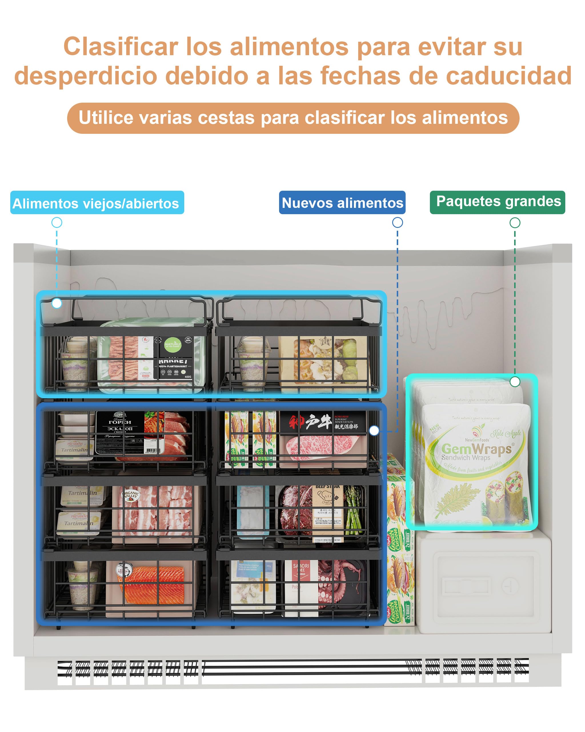 UMDONX Cesta para Congelador de 4 piezas negro - Cestas apilables para congelador con asa, para congelador de 283 a 566L, organizar ingredientes congelados,Longitud extensible (29-45x30x15cm)