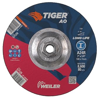 Weiler 57124 Tiger 7" Grinding Wheel, Type 27, 1/4" Thick, A24R, 5/8"-11 UNC Nut Pack of 10