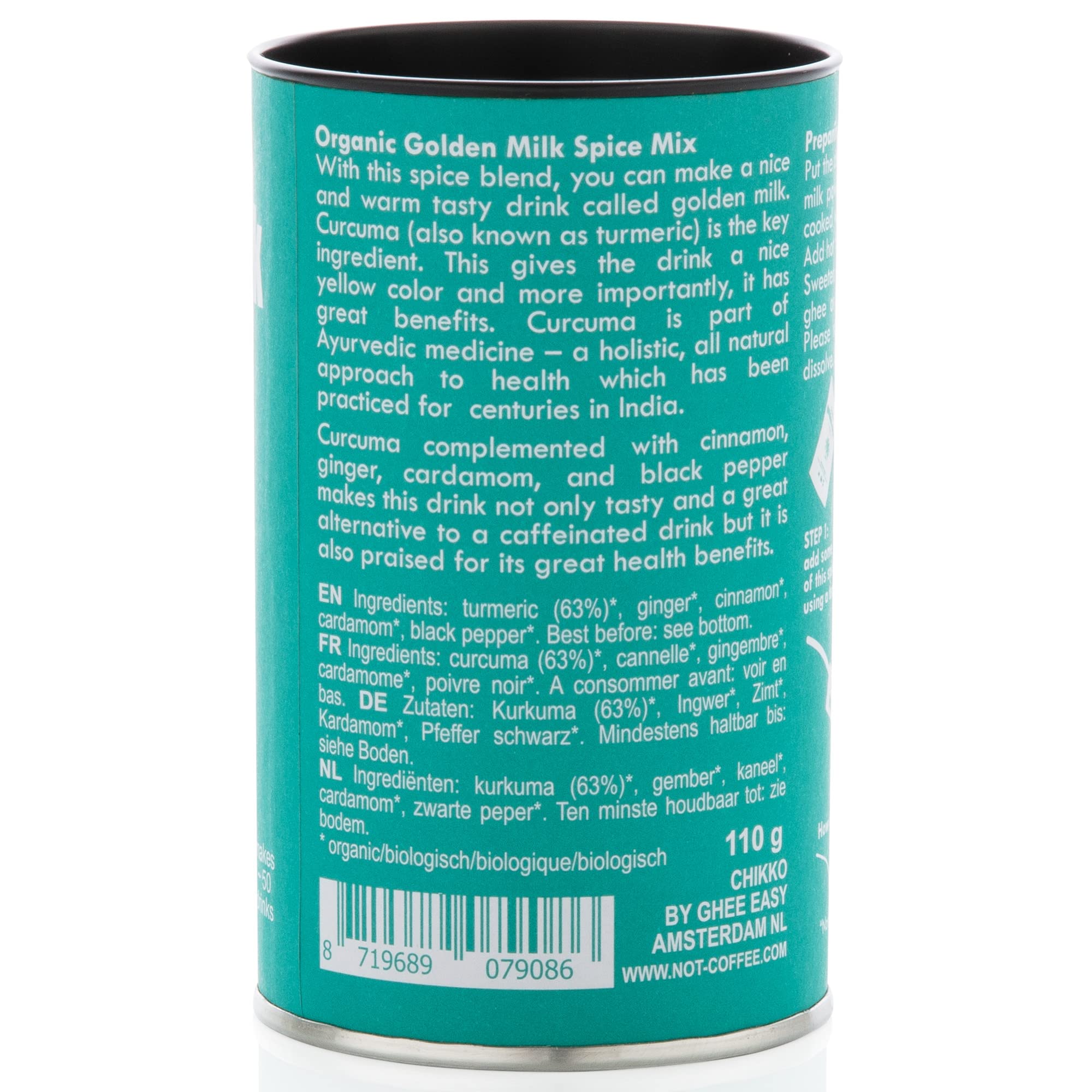 Chikko Not Coffee Leche Dorada en Polvo 6x110g - Latte de cúrcuma bio, canela, jengibre, cardamomo y pimienta negra - Sin azúcar