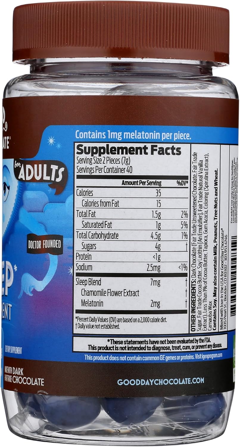 Good Day Dark Chocolate Melatonin for Adults [ 80 Count ] - Fair Trade Non-GMO Dark Milk Chocolate with Chamomile and Melatonin 1 mg - Adult Melatonin, Adult Natural Sleep Aid Supplement