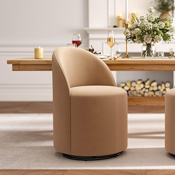 Wahson Velvet Swivel Dining Chair, Modern Upholstered Barrel Accent Chair with 360 Degree Rotation, Khaki Vanity Chair for Dining/Living Room, Bedroom, Makeup Room
