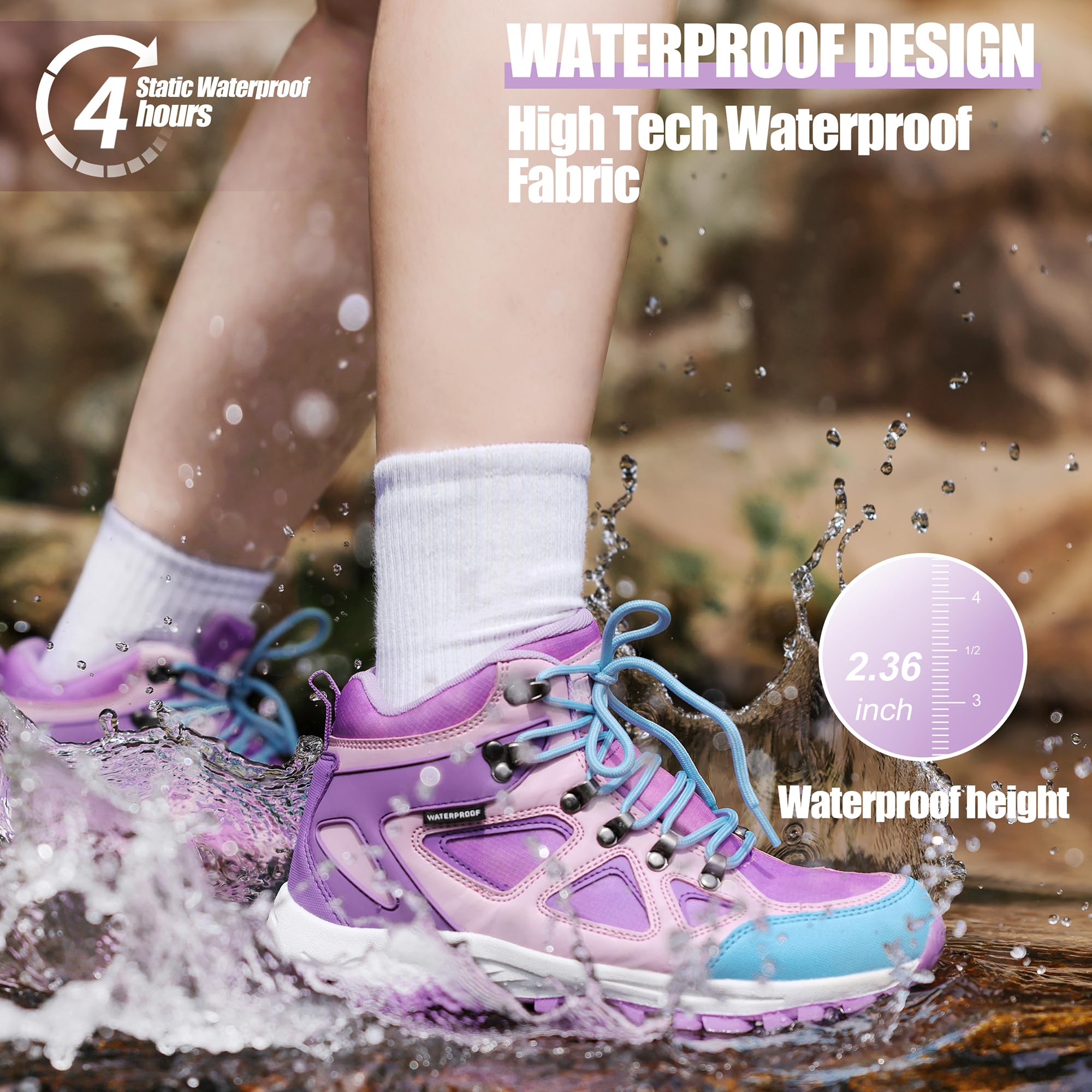 R CORD Kids Hiking Boots Outdoor Ankle Hiking Boots Girls Trekking Walking Boots with Drawstring Non-Slip Outdoor Boots Purple 2 Little kid