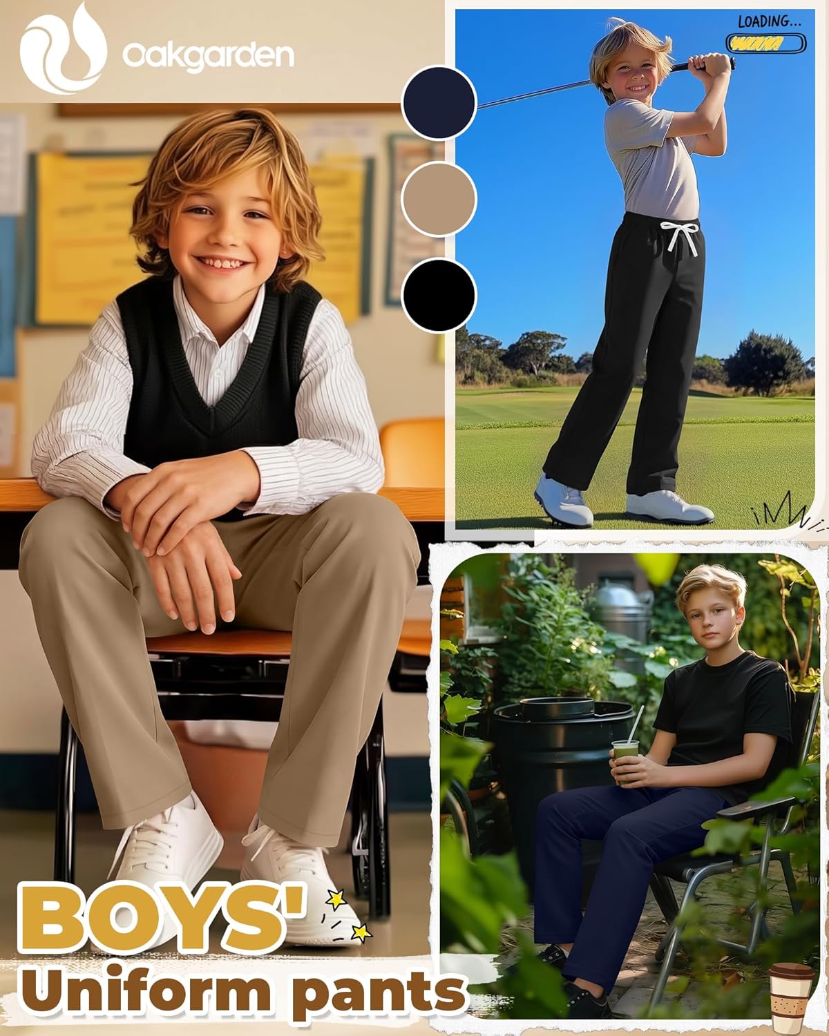 Oakgarden 3 Pack Boys' School Uniform Pants Cotton Straight Leg Trousers Casual Drawstring Pants with Pockets Size 6-16 Years