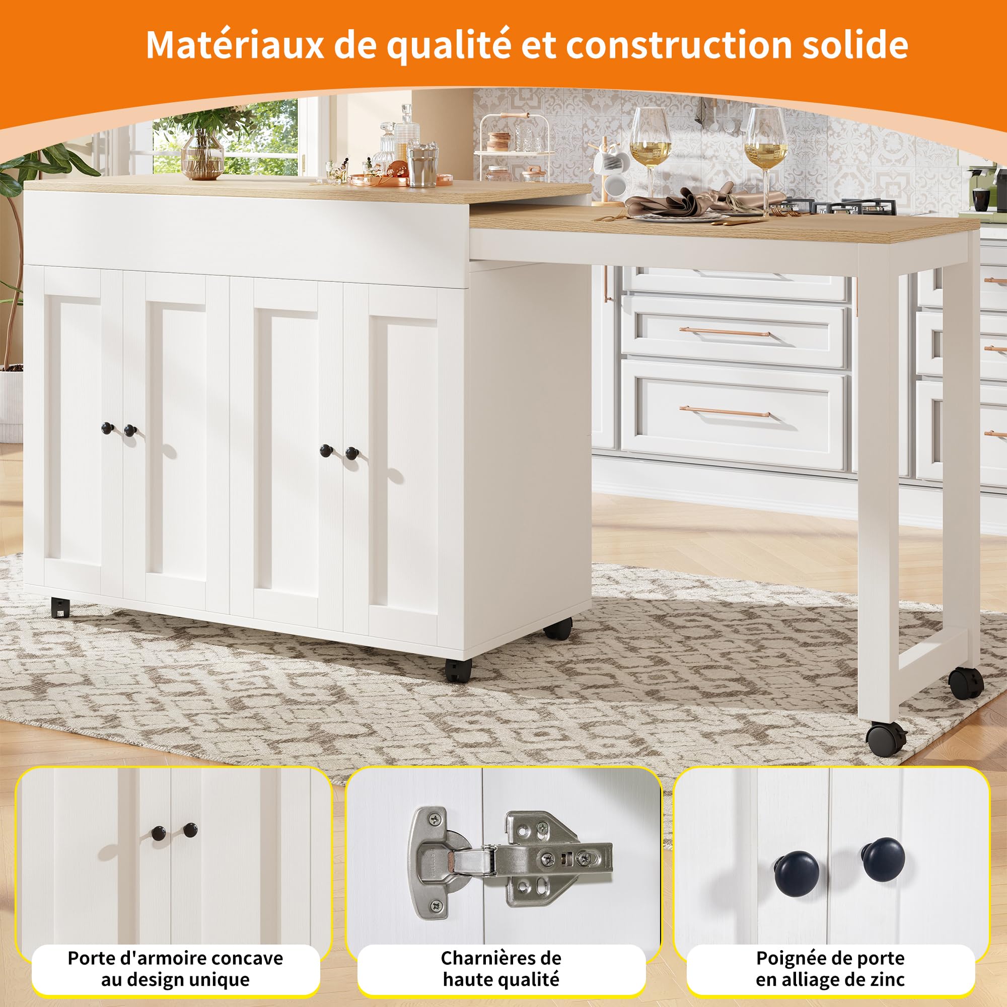 Îlot Central Cuisine avec Plan de Travail Extensible 117-180x50x94 cm, Table de Bar avec Rangement, Modèle Télescopique, Buffet et Séparateur de Pièce avec 6 Compartiments, Blanc