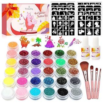 Temporary Glitter Tattoo Kids, Eleanores Diary Arts Glitter Make Up Kit | 31 Glitter Colors, 165 Unique Stencils, 2 Glue, 4 Brushes - Gifts for Girls Boys Adults Birthday Party Summer Festival