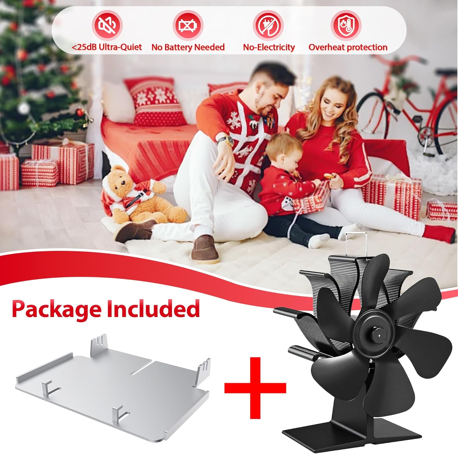 Wood Stove Fan Heat Powered: Fireplace Fan with Bracket Tray Fixed on Propane Heater - 6 Blades Thermal Fan for Log/Electric Wood Stove Burner Hot Tent Camping/Picnics/Indoor Use