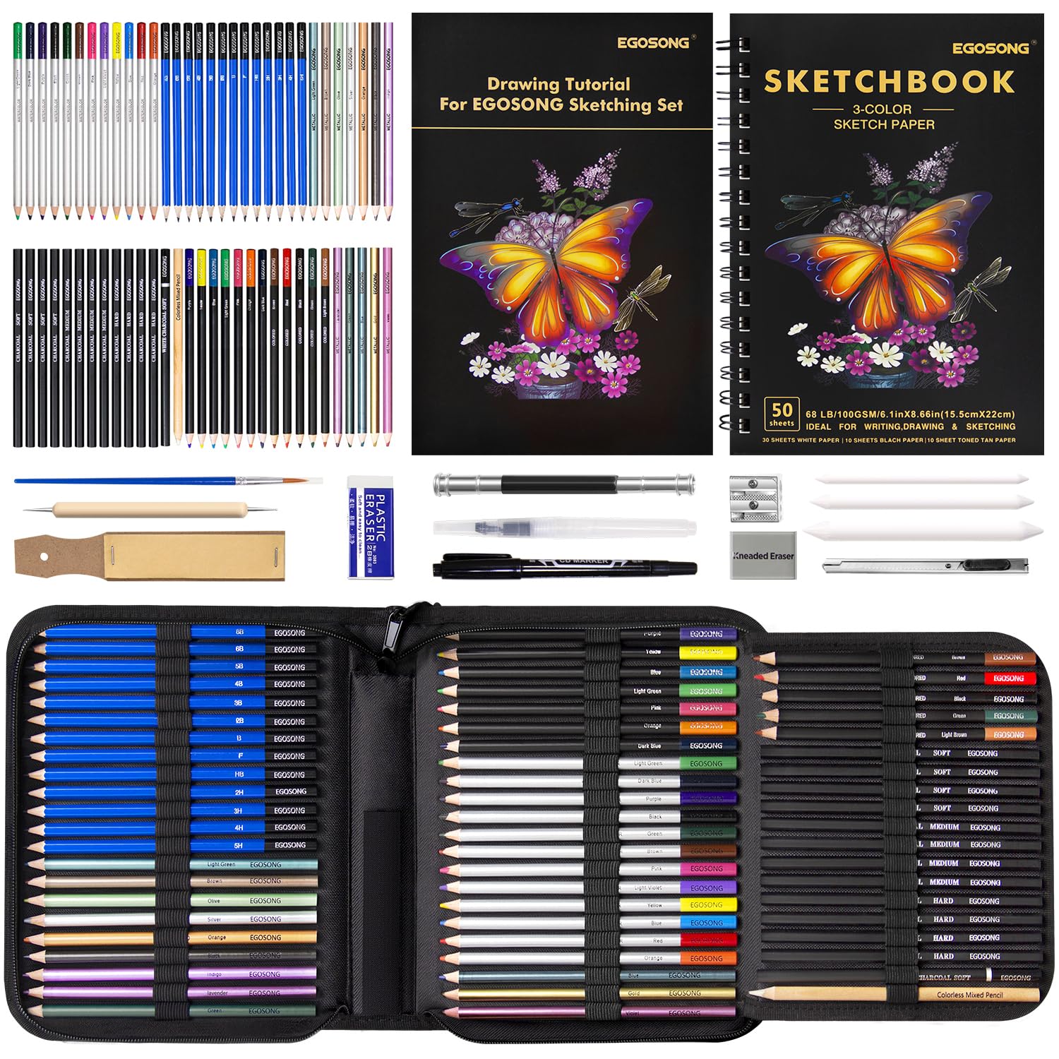 EGOSONG Drawing Set Sketch Pencils Kit,78 Pieces Sketching Supplies with 3-Color Sketchbook,Colorless Blender and Graphite,Charcoal Pencil,Pro Art Supplies Kit for Artists Adults Teens Beginners