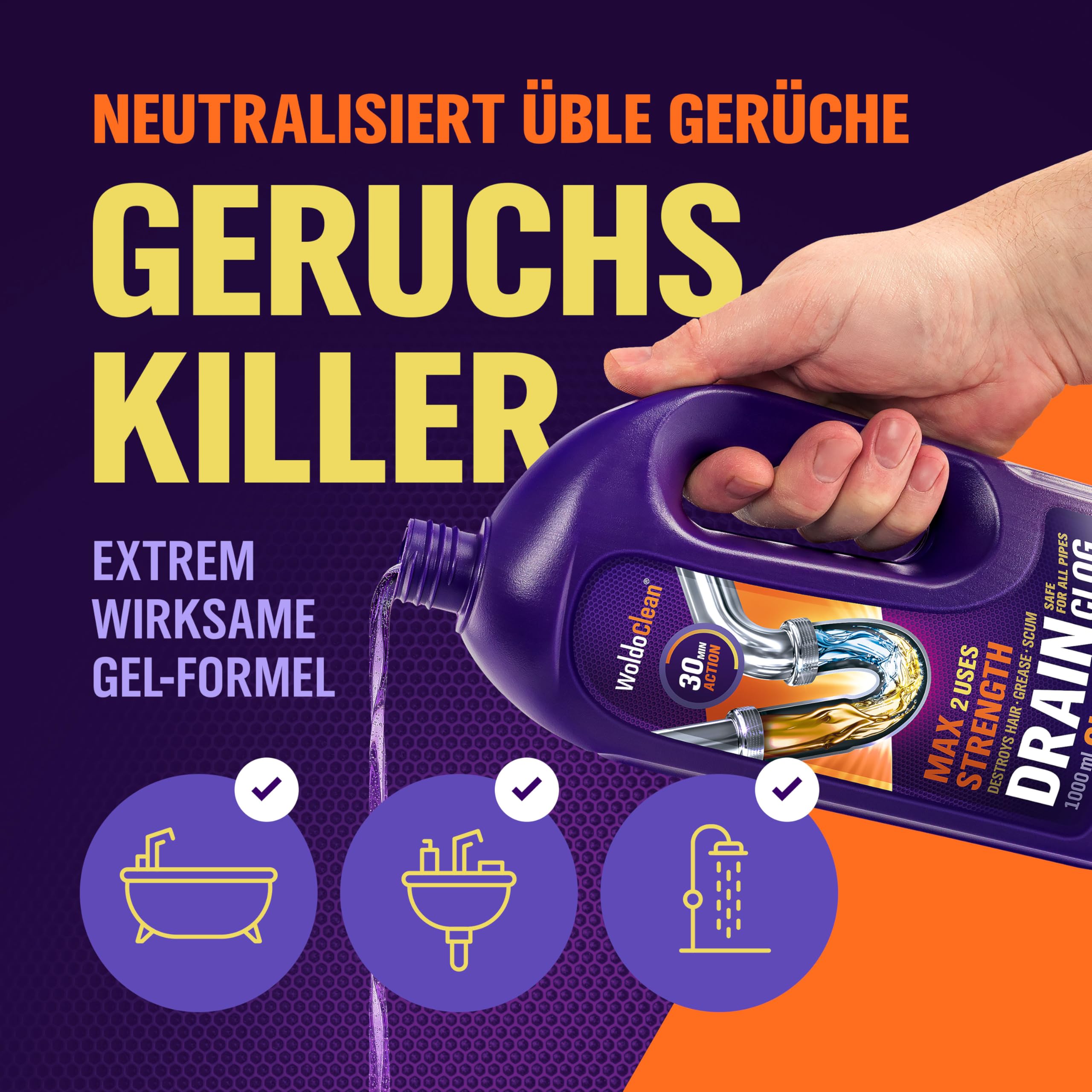 WoldoClean Rohrreiniger und Abflussreiniger Gel 8x 1000ml | 8 Liter extrem stark, gegen Haare & Fett, Dusche, Waschbecken, Bad & Küche