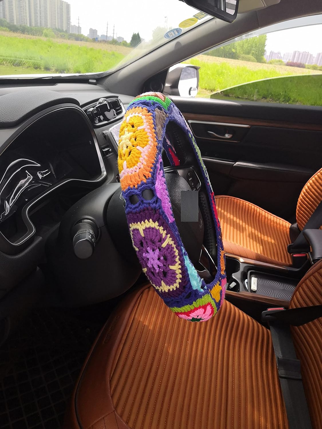 YDMZZB Crochet Steering Wheel Cover, Sunflower Design, 14.5 inches, Cotton & Yarn, Universal Fit