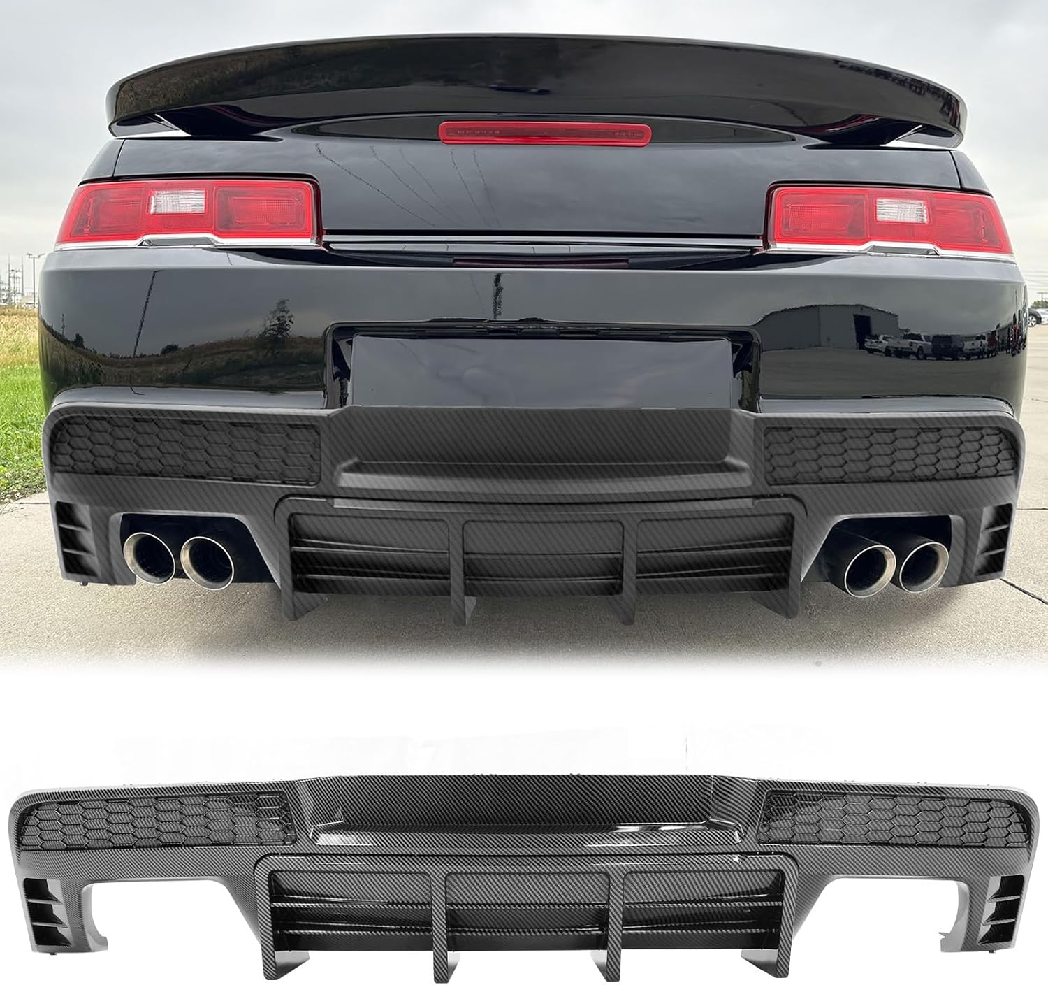 FREEMOTOR802 Compatible with 2014-2015 Chevrolet Camaro LT/LS Models Rear Bumper Lip + Quad Exhaust Tips, Ikon Style Carbon Fiber Print PP Rear Diffuser Lip Guard & Stainless Steel Exhaust Tips