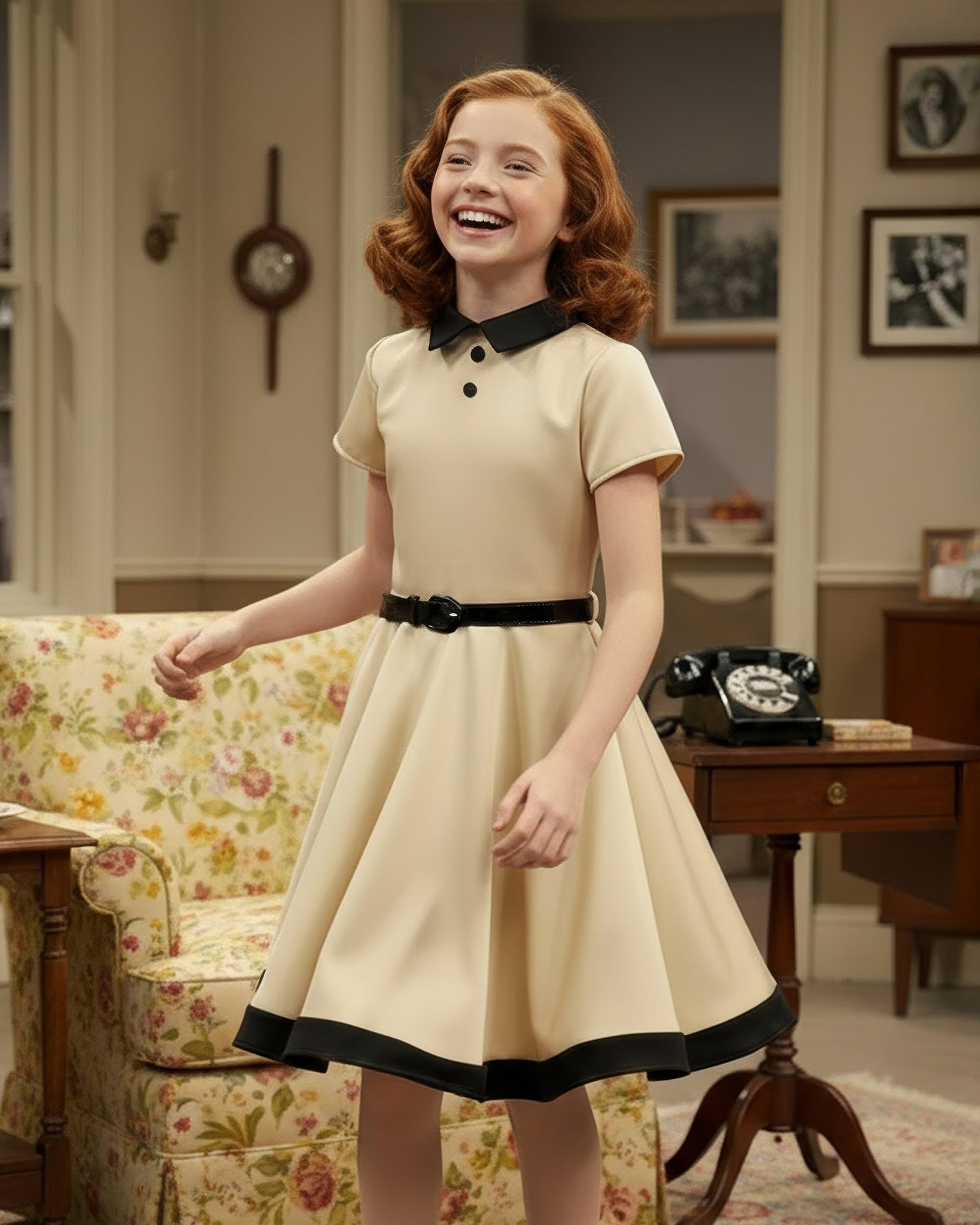 BlackButterfly Mädchen Kleid Lucy Kontrastkragen | Tellerrock, Kurze Ärmel, Kontrastsaum, Gefüttert, Reißverschluss Hinten, Glanzgürtel, Zweifarbig, 3-14 Jahre