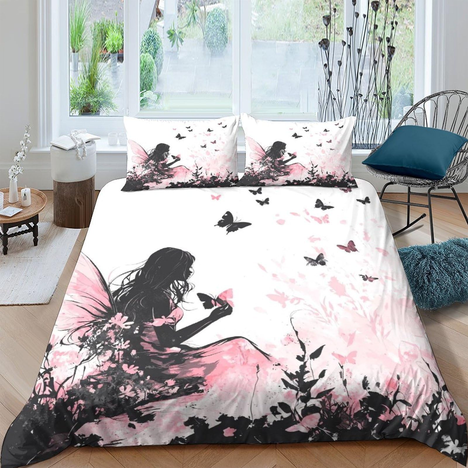 TUFRTGYHN 3D Printed Fairy Butterfly Duvet Cover Microfiber Soft Pink Black Bedding Set with 2 Pillowcases for Bedroom Decor Single（135x200cm）