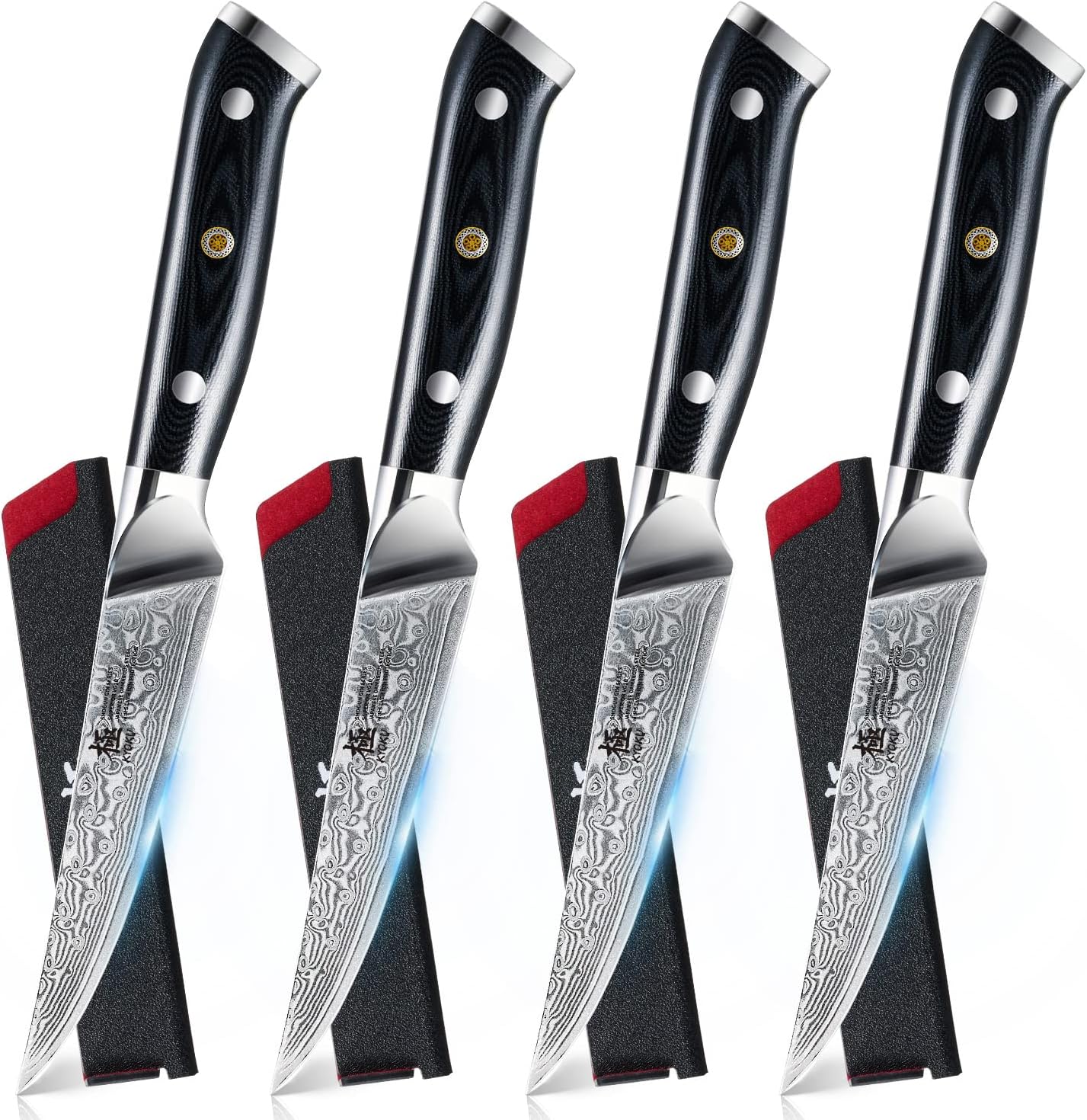 KYOKU Gin Series Steak Knife Set of 4, 4.5" Steak Knives, Japanese VG10 Damascus Stainless Steel Kitchen Knife Set with Silver Ion Blades G10 Handles Mosaic Pins, Cutlery Set w/Sheaths & Case