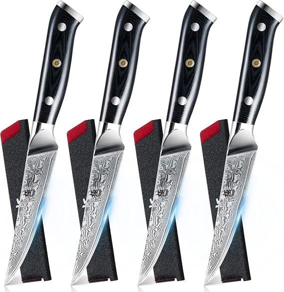 KYOKU Gin Series Steak Knife Set of 4, 4.5 Steak Knives, Japanese VG10 Damascus Stainless Steel Kitchen Knife Set with Silver Ion Blades G10 Handles Mosaic Pins, Cutlery Set w/Sheaths & Case