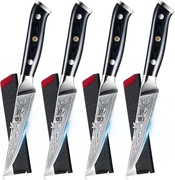 KYOKU Gin Series Steak Knife Set of 4, 4.5 Steak Knives, Japanese VG10 Damascus Stainless Steel Kitchen Knife Set with Silver Ion Blades G10 Handles Mosaic Pins, Cutlery Set w/Sheaths & Case