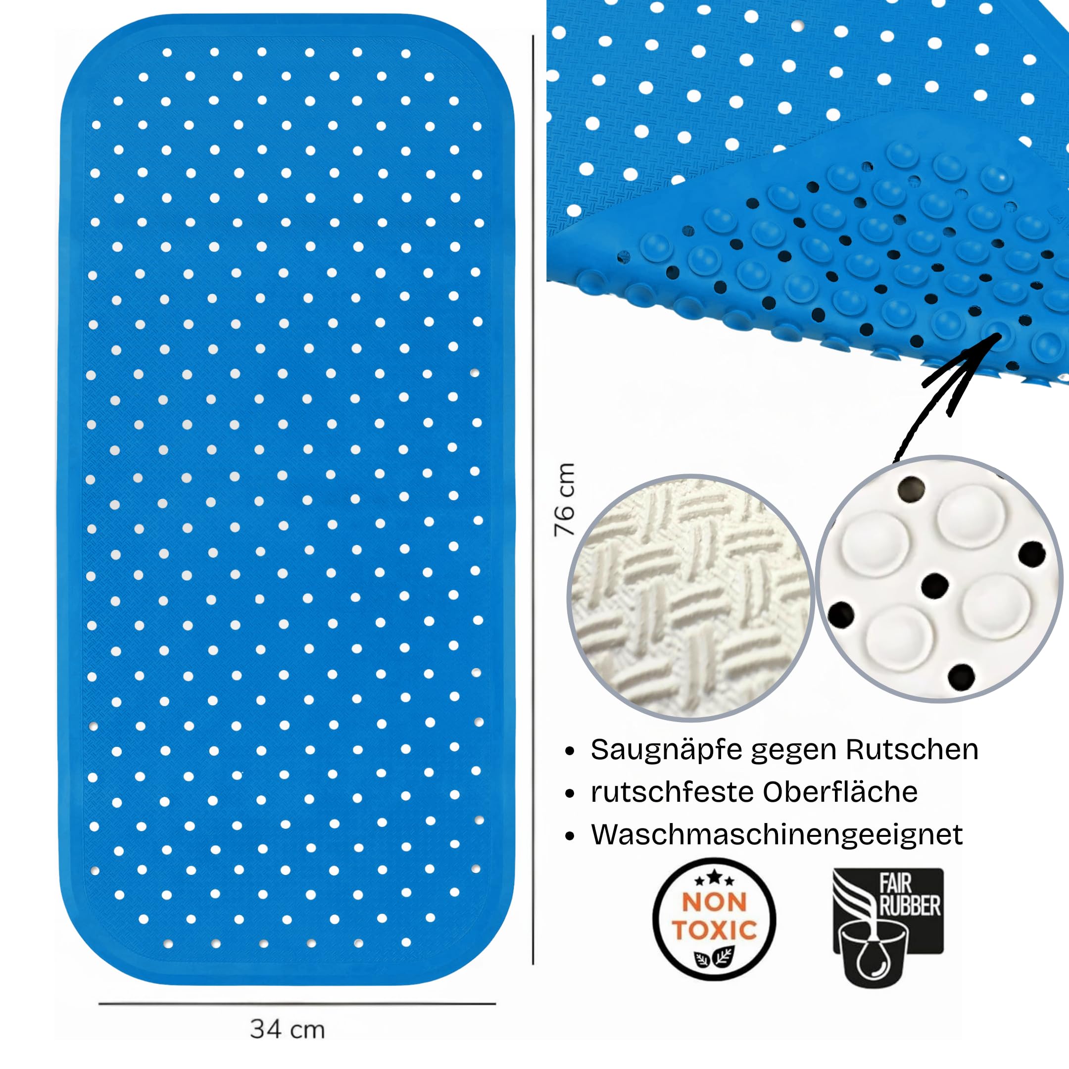 Tappetino antiscivolo per vasca da bagno, 76 x 34 cm, in gomma naturale FSC, 100% BPA + PVC, colore: blu petrolio