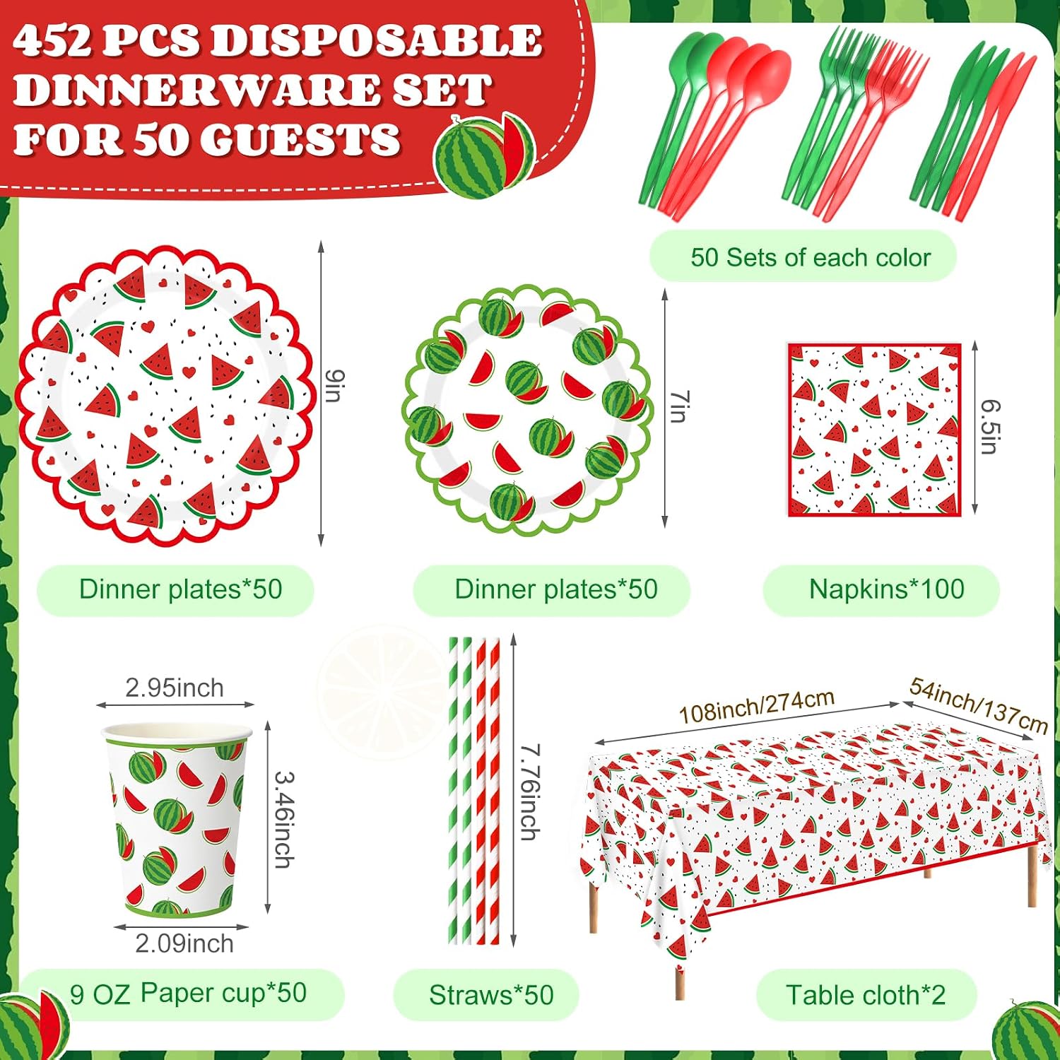 Ceenna 452 Pcs Watermelon Party Decoration for 50 Guests, Watermelon Paper Plates Napkins Cups Tablecloth Cutlery Straw Cute Fruit Disposable Tableware for Summer Birthday Baby Shower Party Decoration