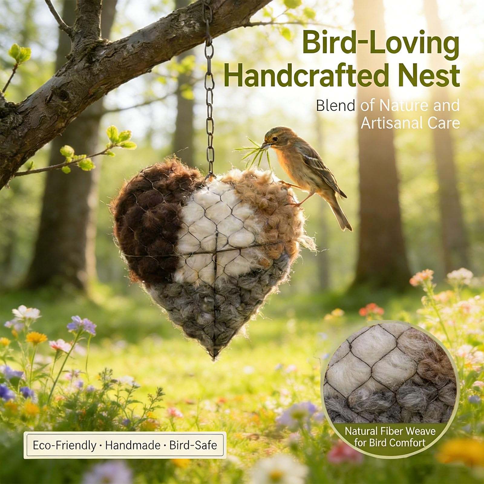 Nidificazione per uccelli in fibra fatta a mano, a forma di cuore, in materiale per nidi di uccelli, per esterni, design con case di nidificazione, colibrì, amanti del giardino, cortile (3 pezzi)