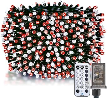 أضواء شجرة عيد الميلاد من برايتاون - مجموعة أضواء عيد الميلاد النارية 1000 LED بطول 50 قدمًا، 12 وضعًا، مؤقت عن بعد، مقاوم للماء، مصابيح متلألئة لشجرة عيد الميلاد، أحمر وأبيض بارد