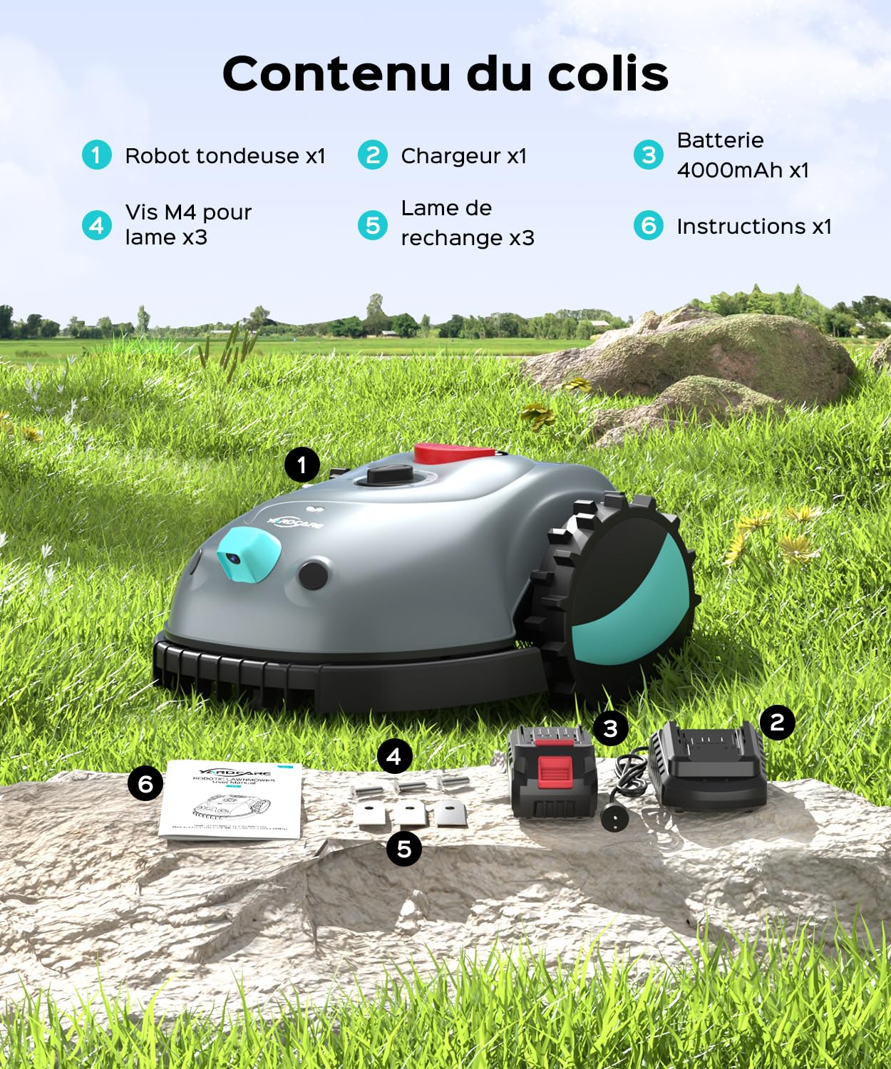 YARDCARE V100 Robot Tondeuse sans Fil Périphérique avec Navigation Visuelle, Coupe en Spirale, Détection d'obstacles 150, Robot Tondeuse Gazon avec Batterie(4Ah), Lames de Rechange