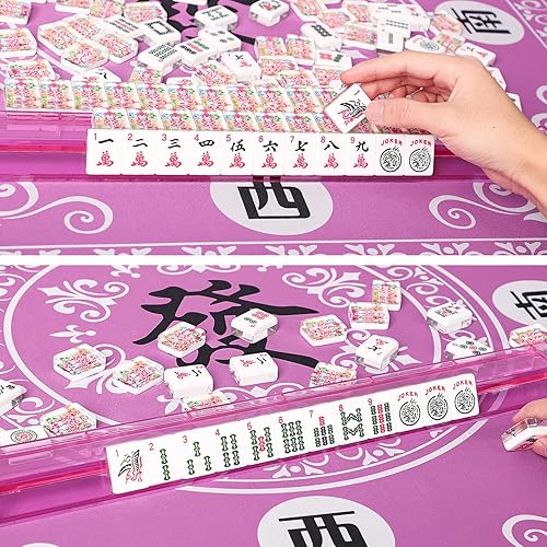 Miniatura 4 de American Mahjong - Juego de azulejos Mahjongg de 166 azulejos acrílicos con bolsa de transporte impresa roja, tapete Mahjong, tapete de juego con