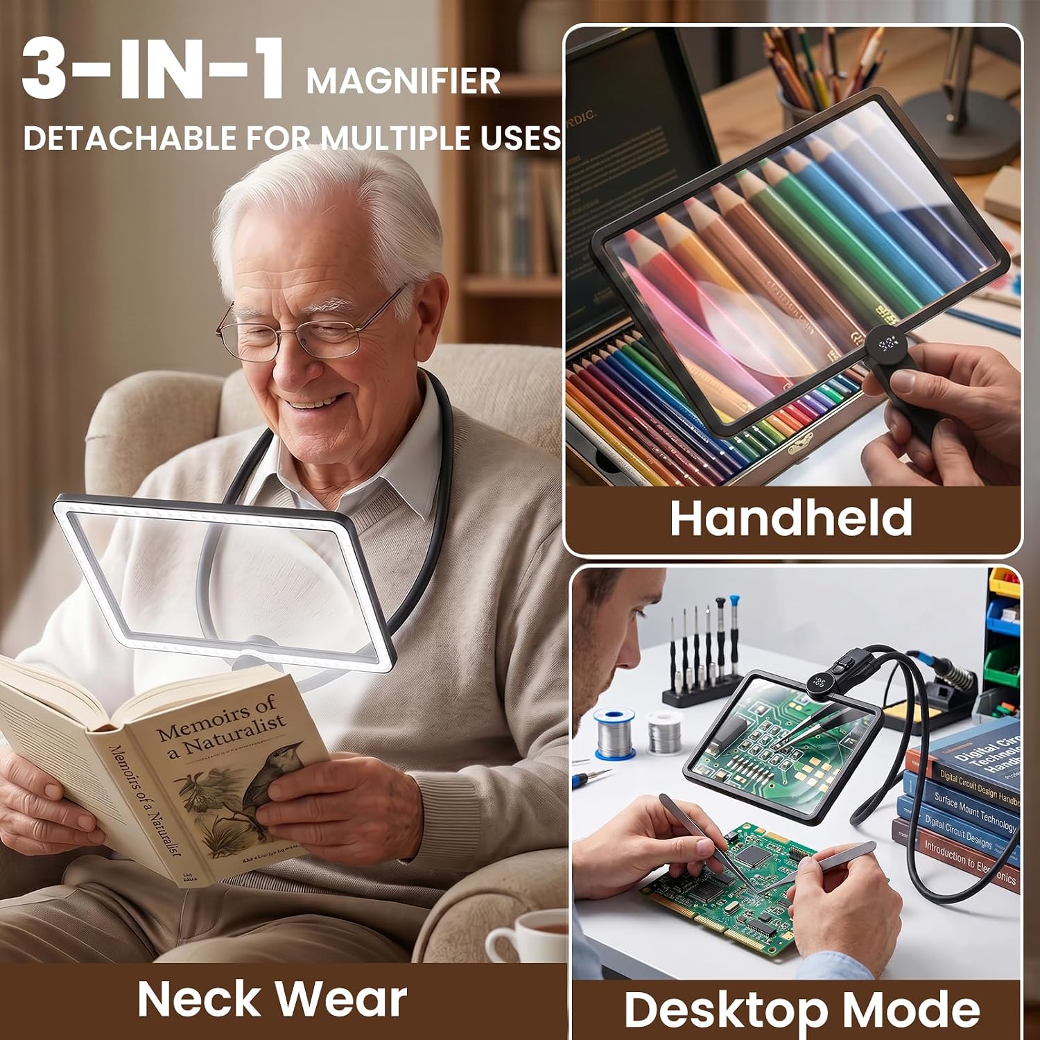 10X Neck Magnifying Glass with Light for Reading with Digital Display, Detachable Rectangular Gooseneck Magnifier with 95 LEDs, Adjustable Brightness, 3 Colors, for Reading, Seniors